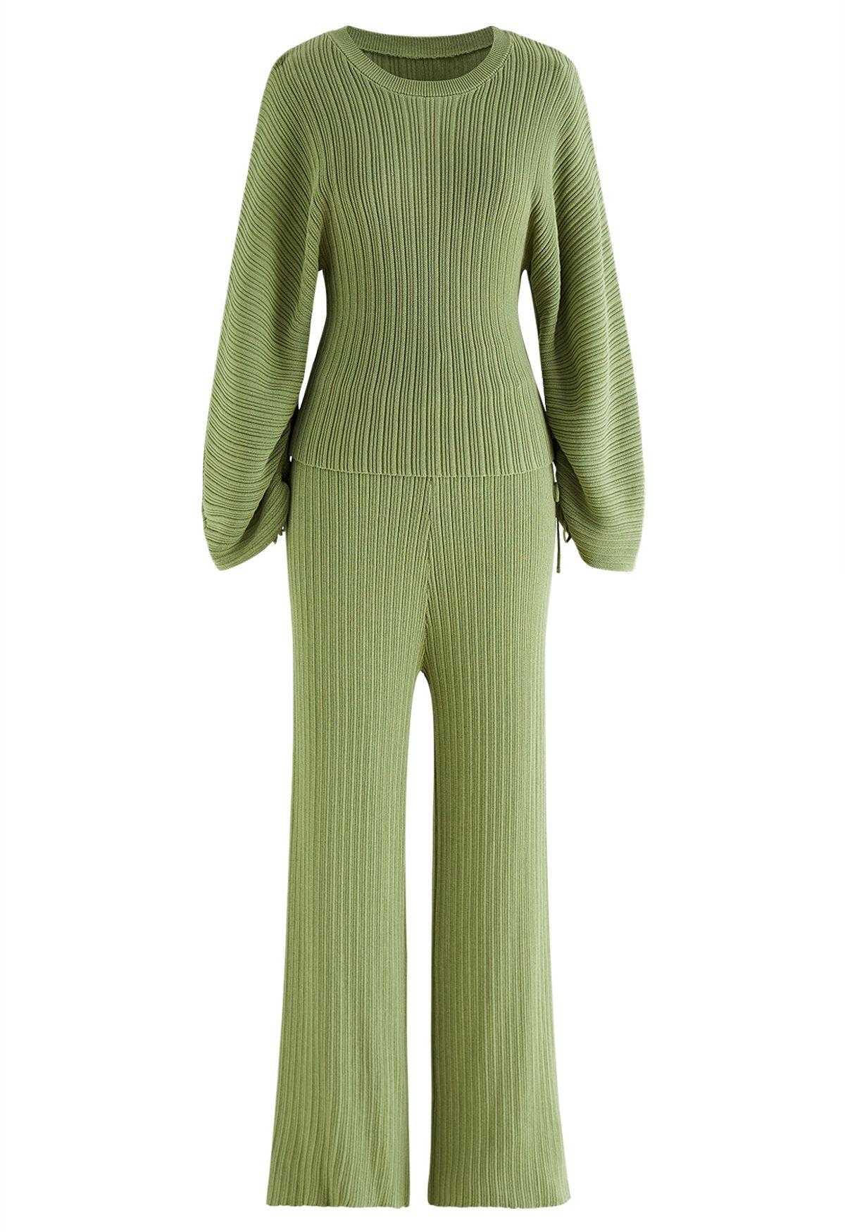 Drawstring Sleeve Knit Top and Pants Set in Green