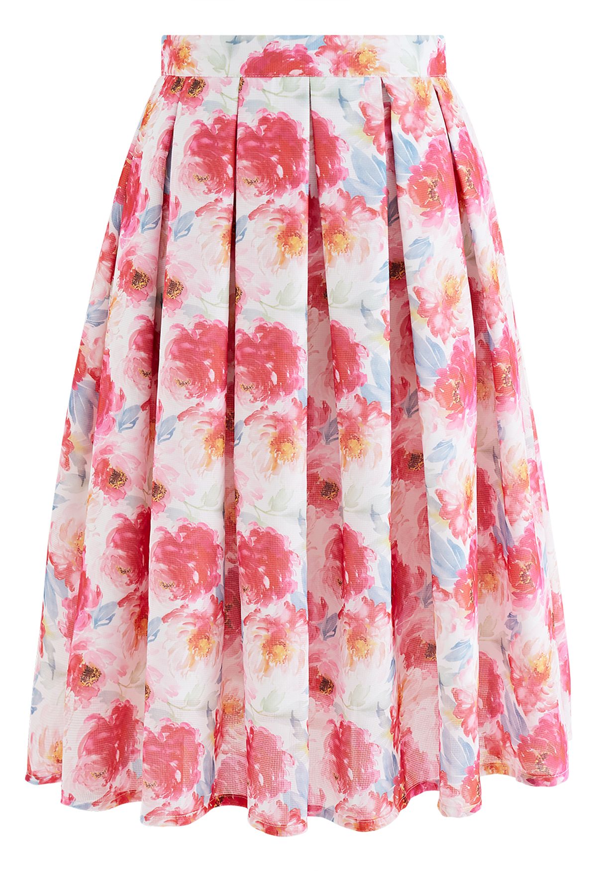 Glowing Pink Peony Pleated Flare Midi Skirt