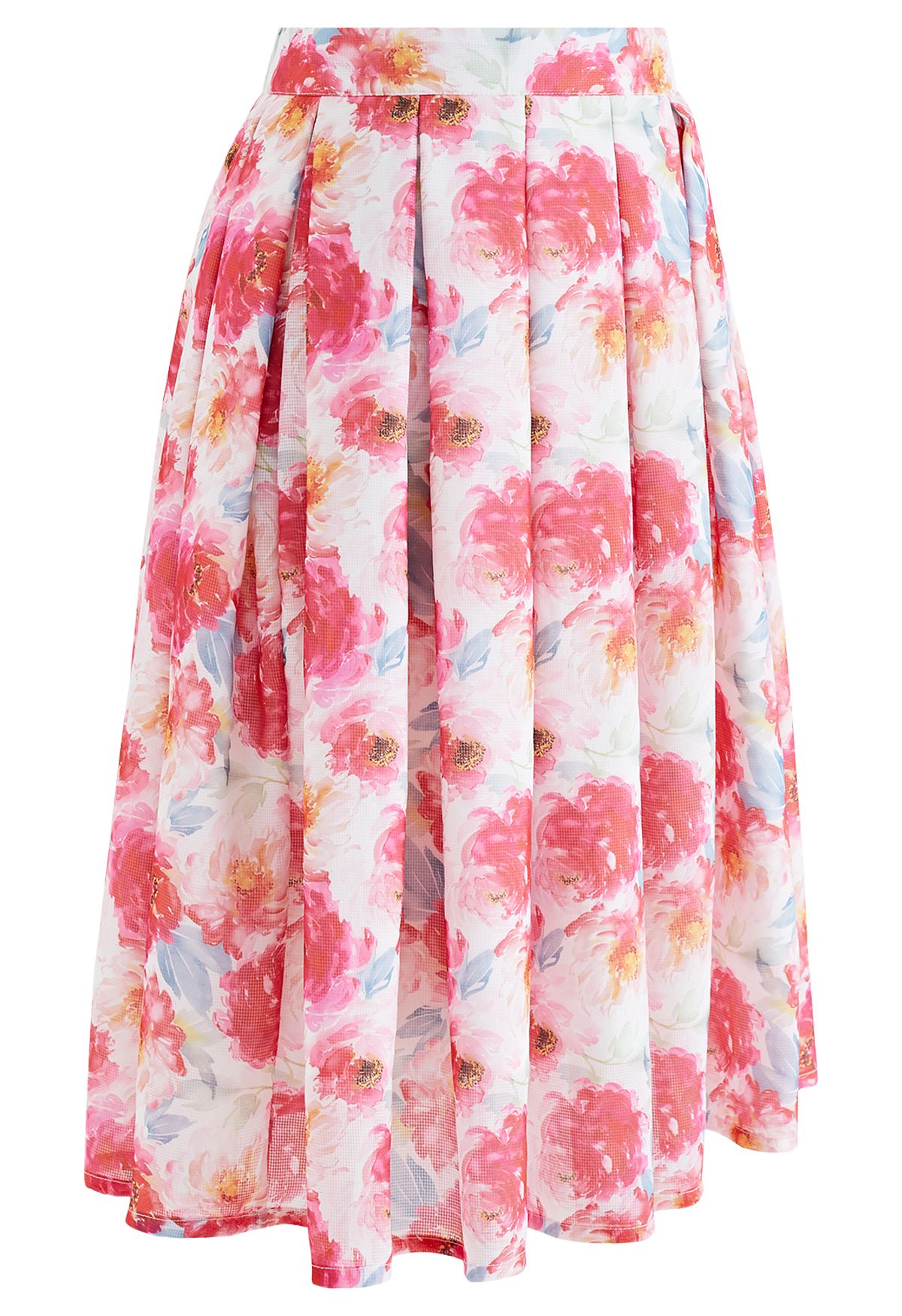 Glowing Pink Peony Pleated Flare Midi Skirt