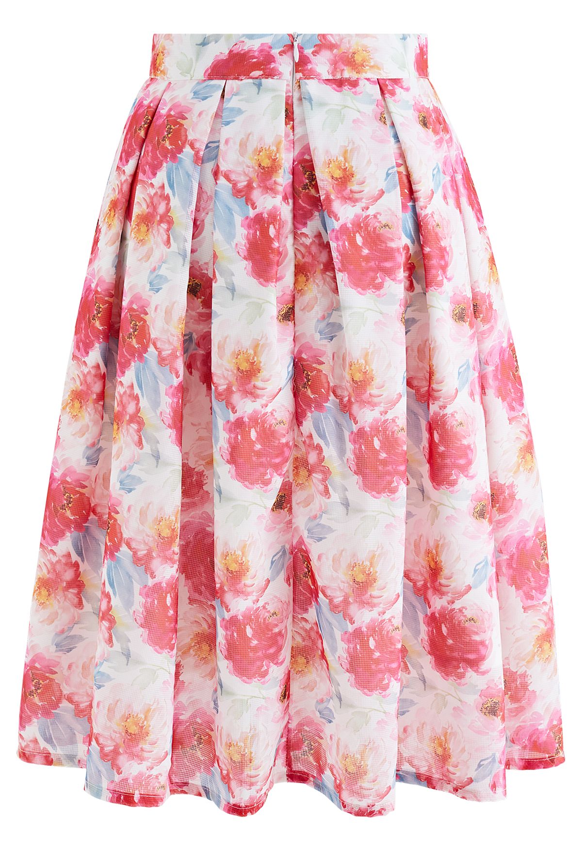 Glowing Pink Peony Pleated Flare Midi Skirt