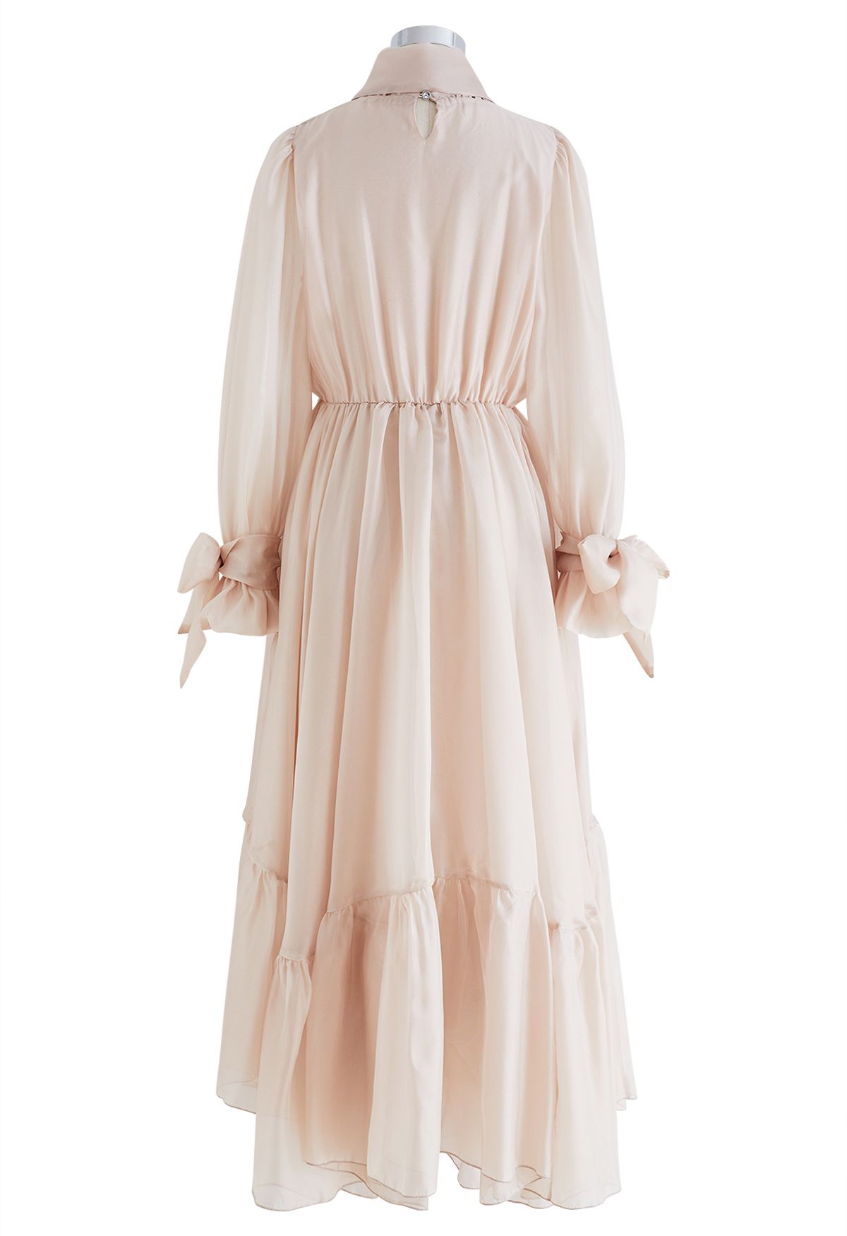 Gorgeous Bow Neck Sheer Mesh Frilling Dress in Apricot