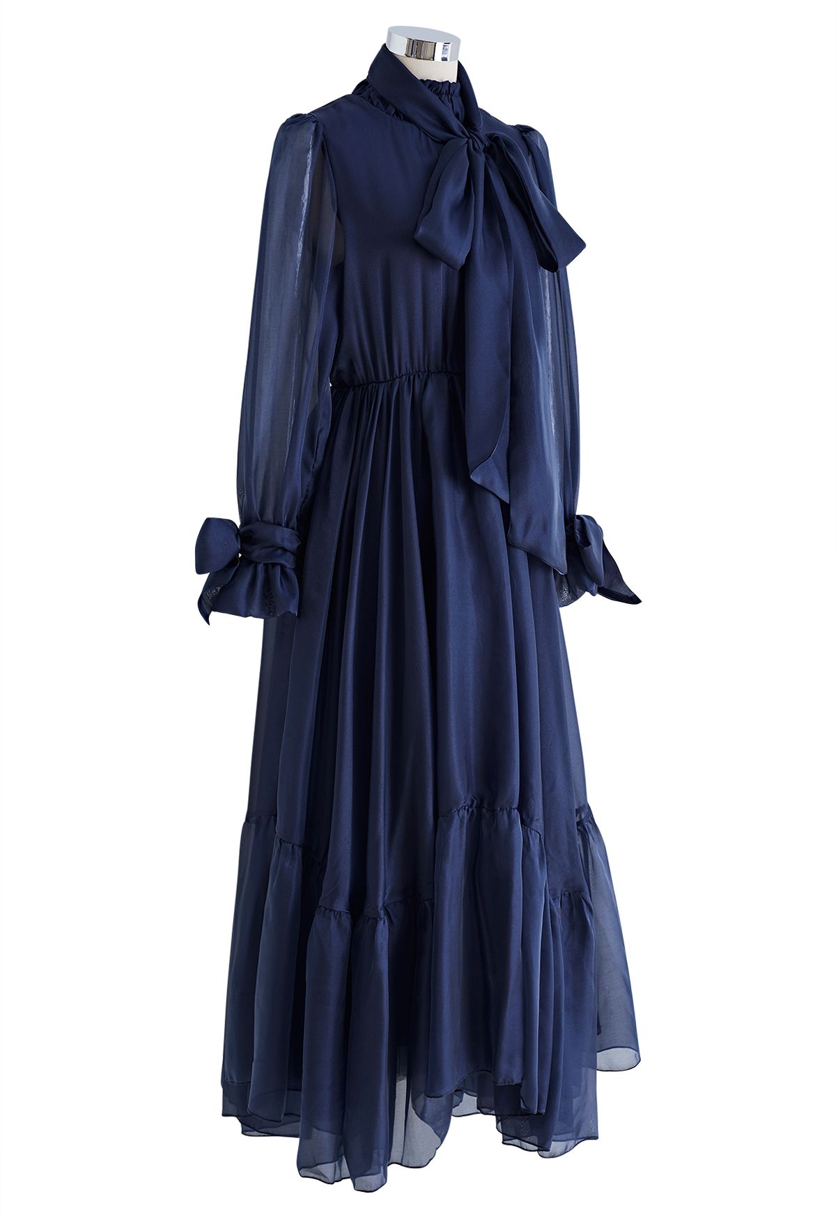 Gorgeous Bow Neck Sheer Mesh Frilling Dress in Navy