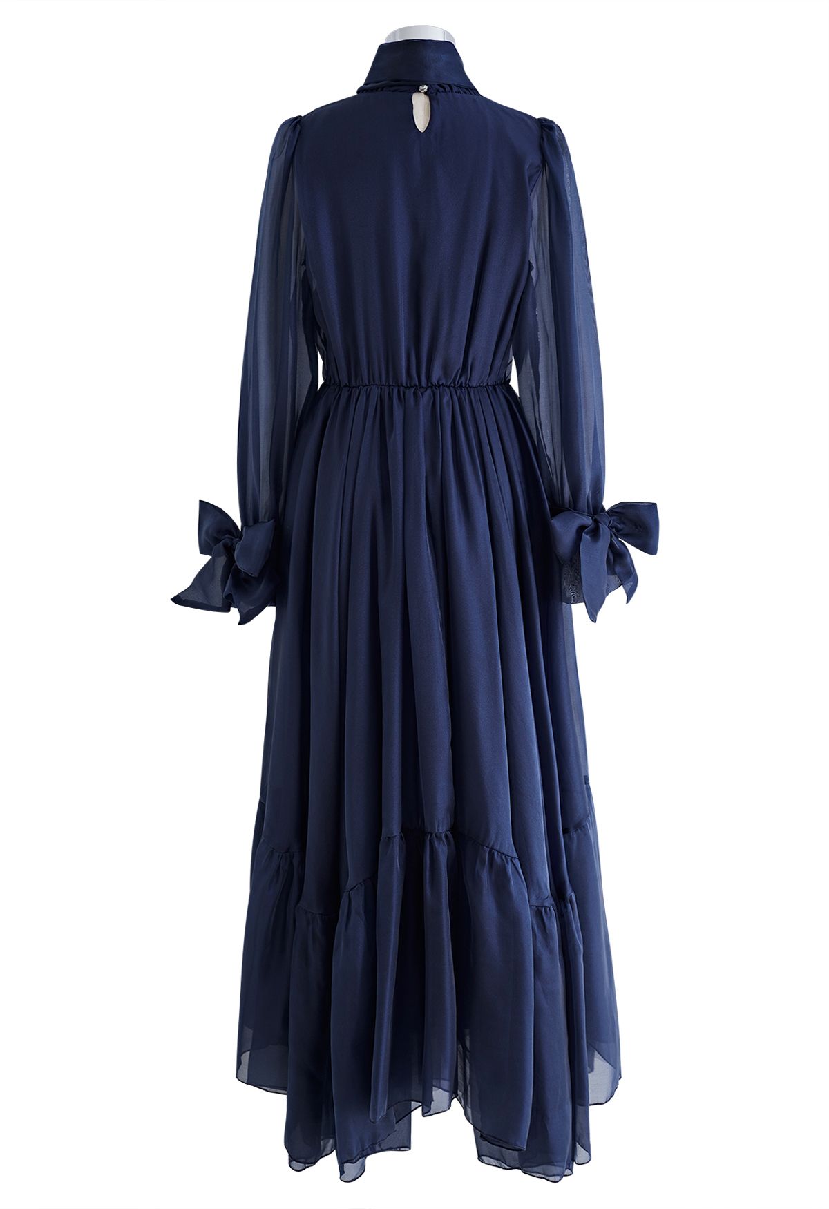 Gorgeous Bow Neck Sheer Mesh Frilling Dress in Navy