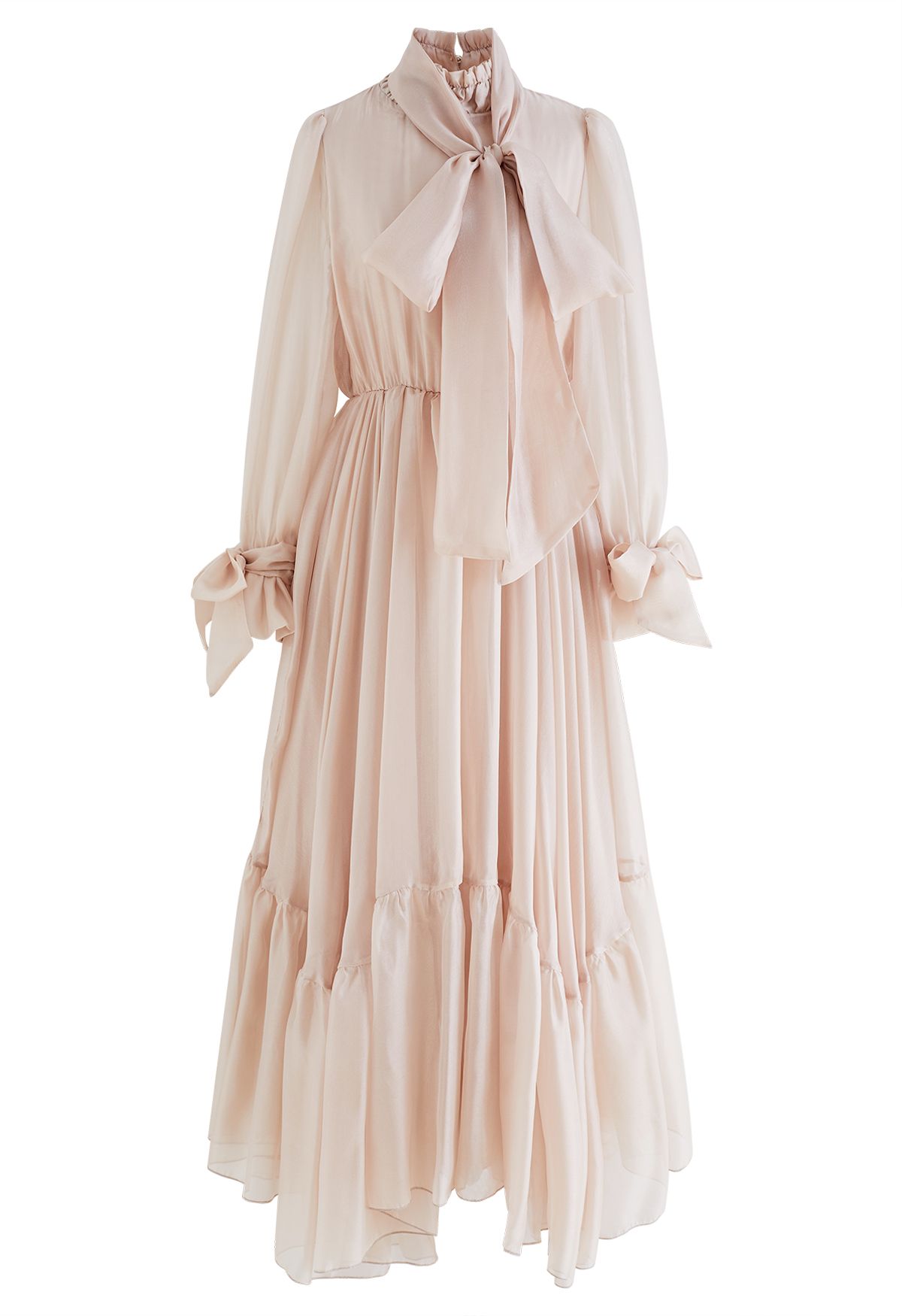 Gorgeous Bow Neck Sheer Mesh Frilling Dress in Apricot