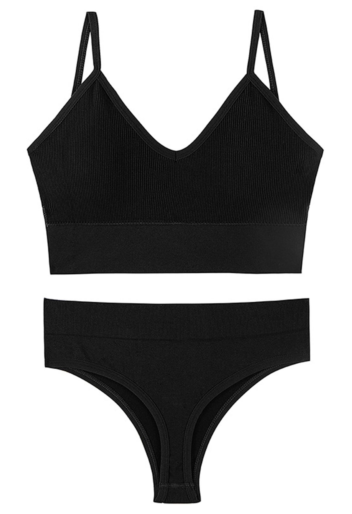 Plain Ribbed Lingerie Bra Top and Thong Set in Black