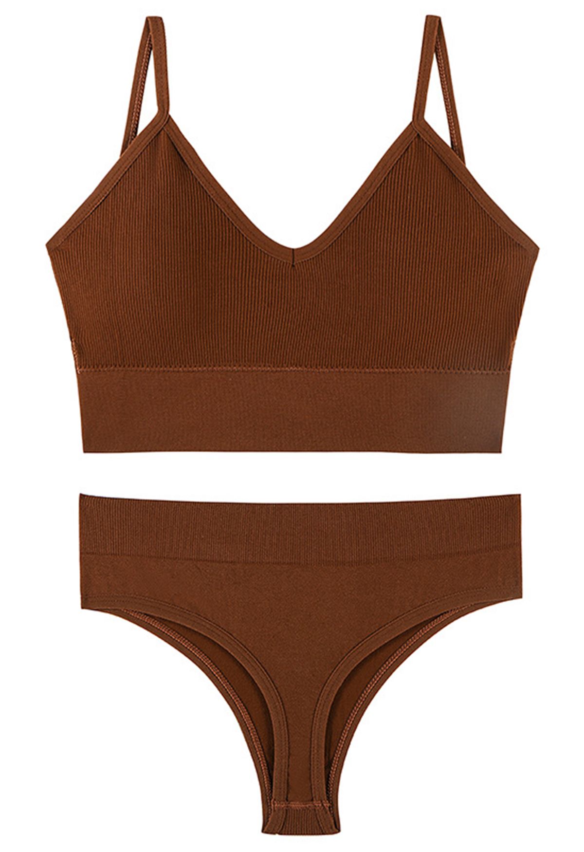 Plain Ribbed Lingerie Bra Top and Thong Set in Caramel