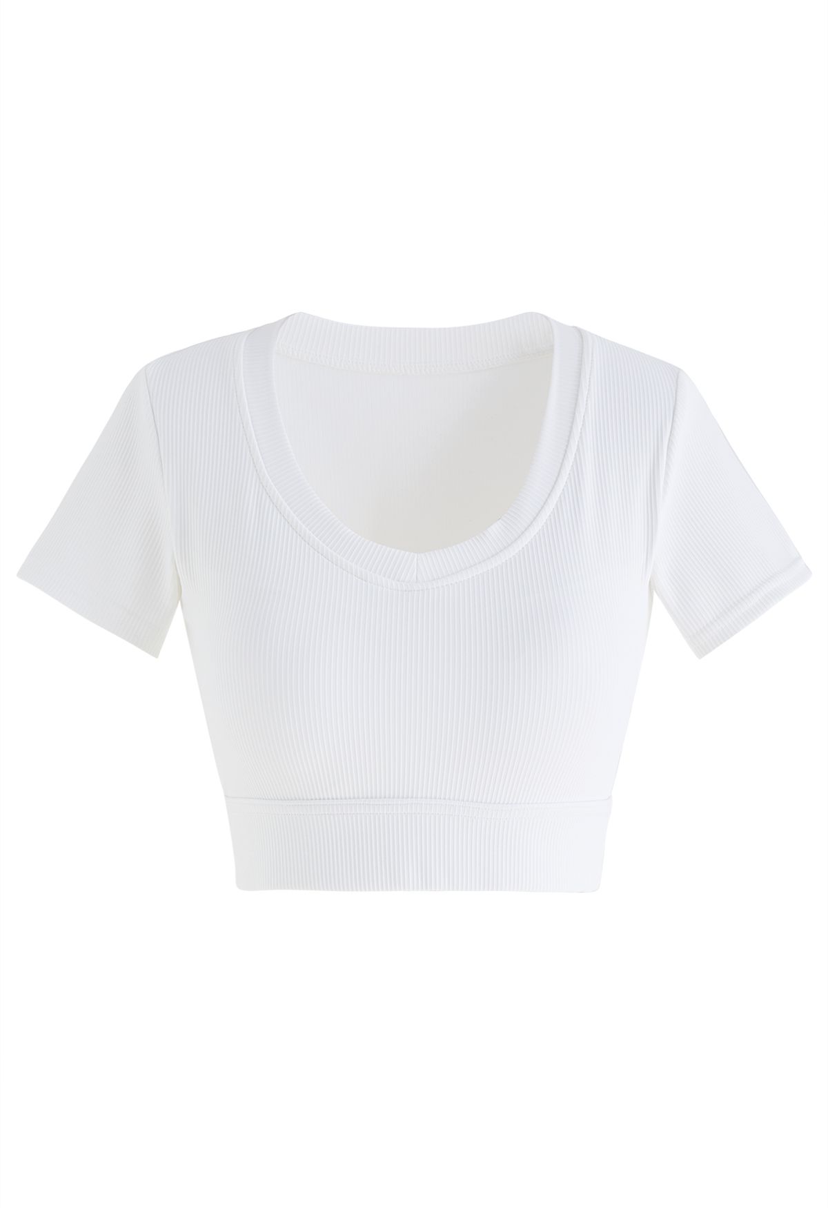 Crew Neck Ribbed Fitted Top in White