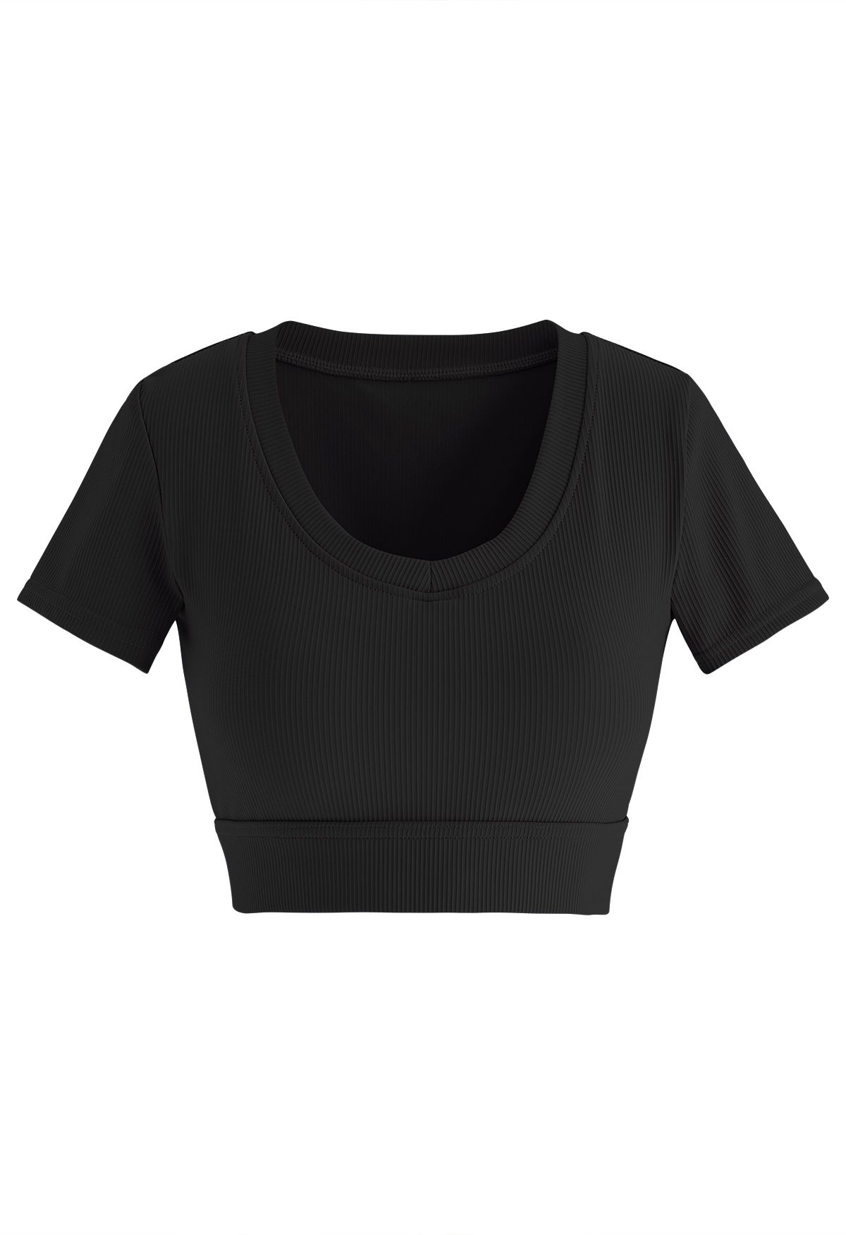 Crew Neck Ribbed Fitted Top in Black