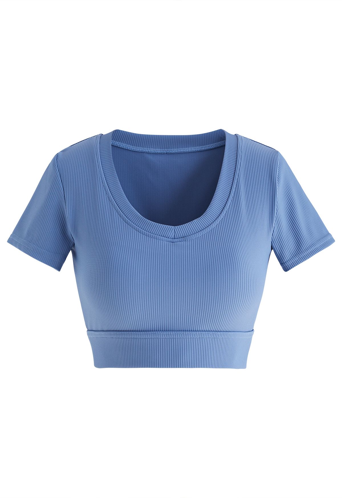 Crew Neck Ribbed Fitted Top in Blue