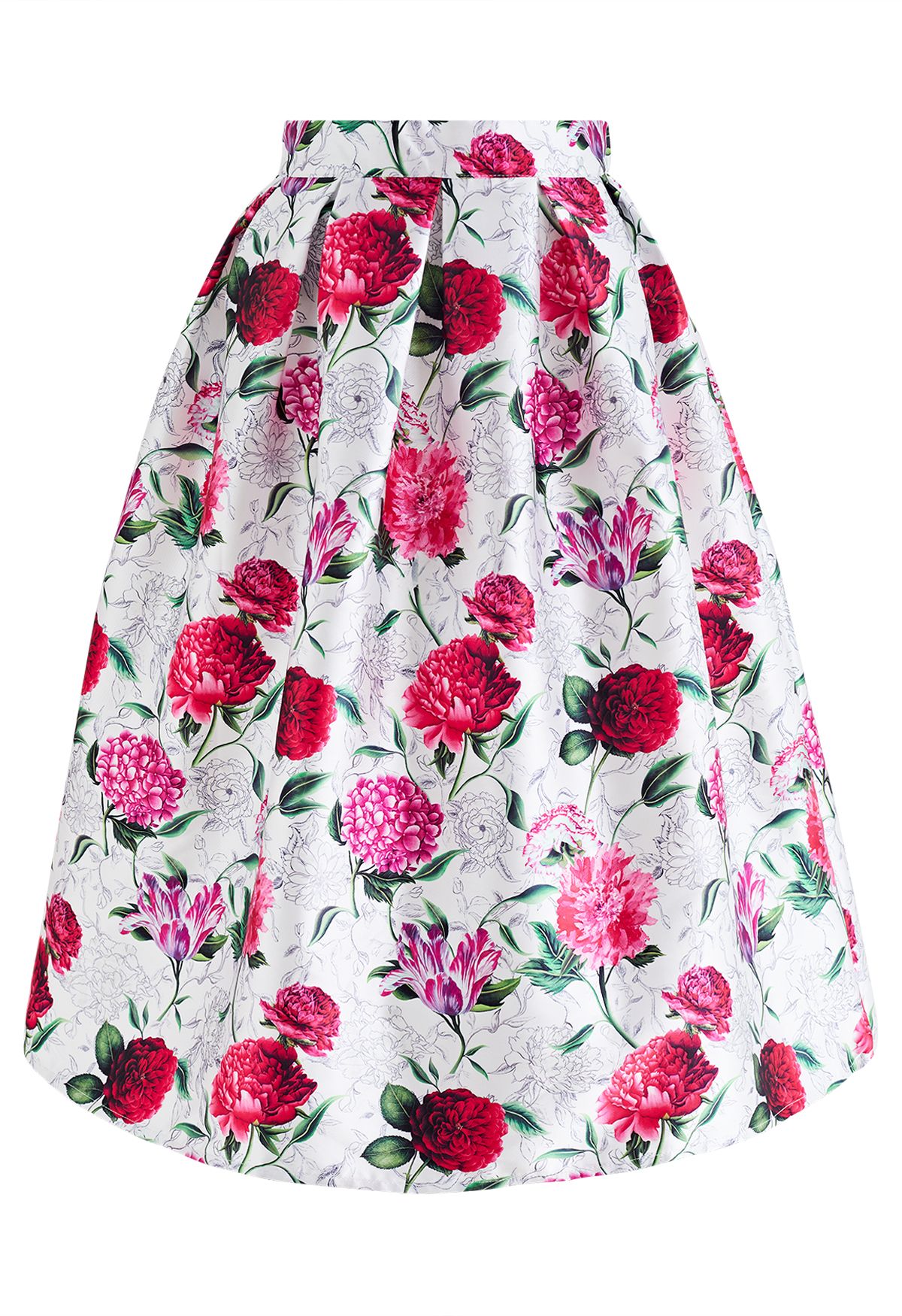 Showy Floral Print Flare Pleated Skirt