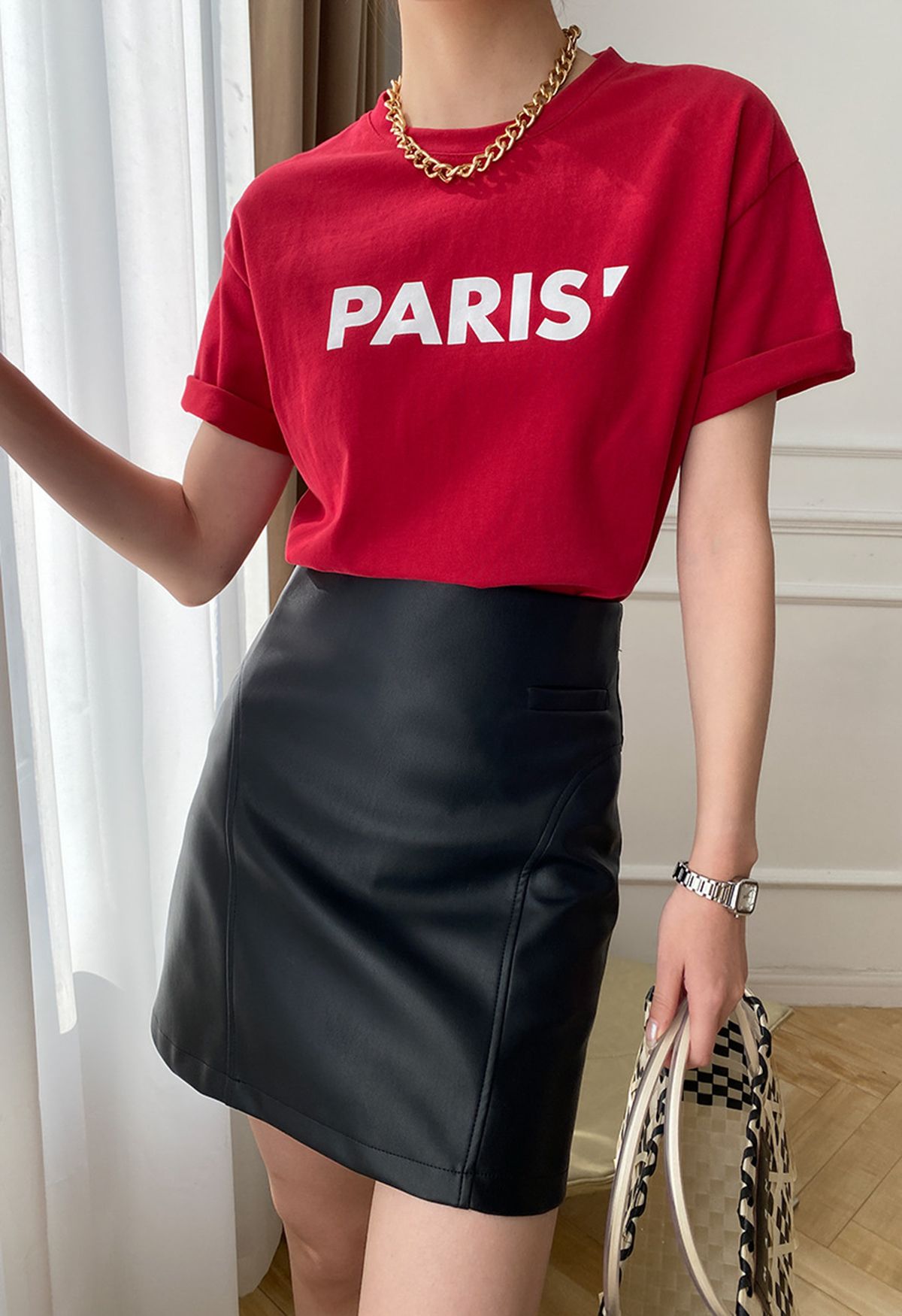 Paris Print Round Neck T-Shirt in Red