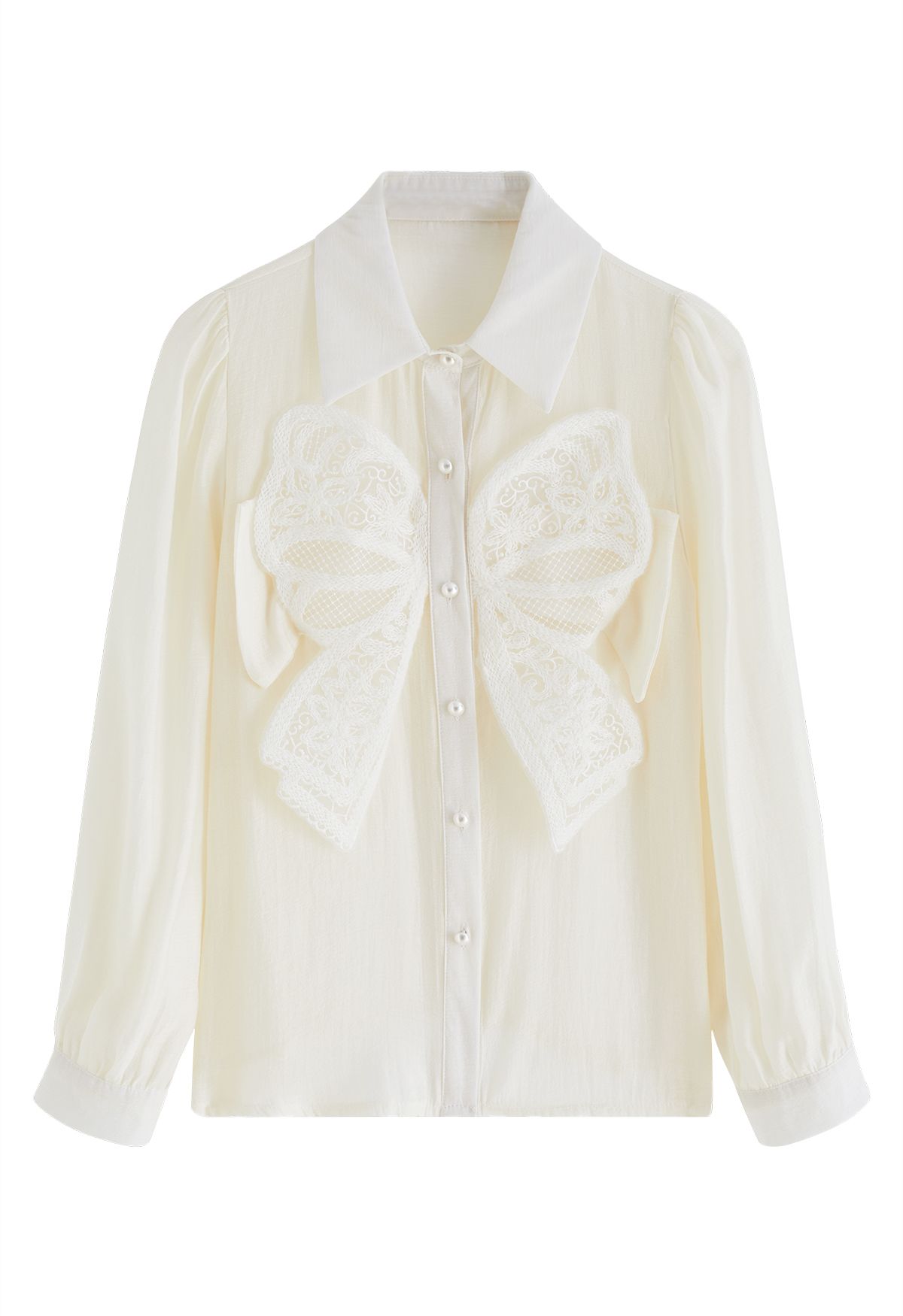 Embroidered Mesh Bowknot Buttoned Shirt