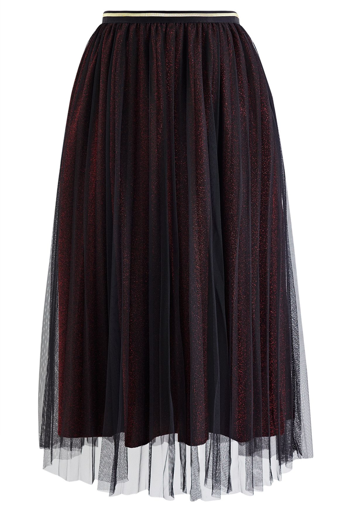 Glimmering Pleated Mesh Midi Skirt in Red