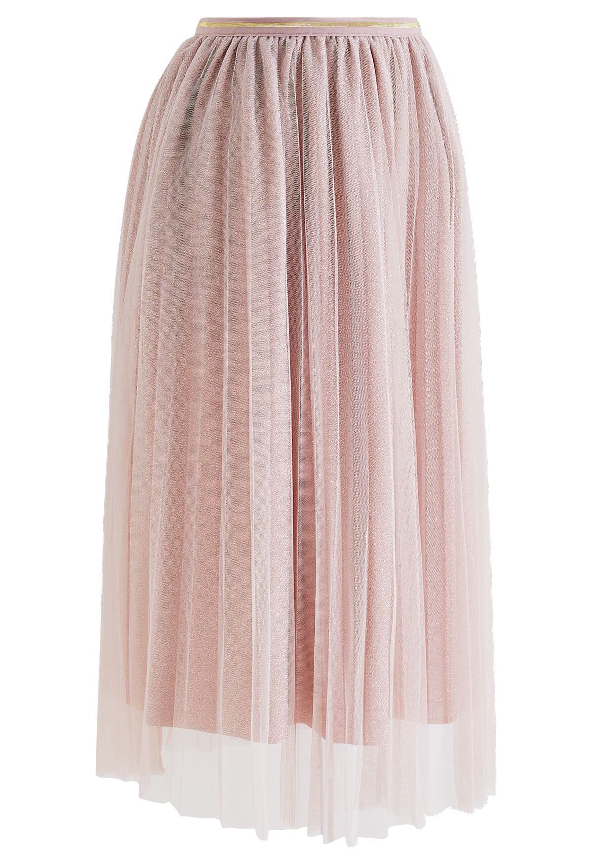 Glimmering Pleated Mesh Midi Skirt in Pink