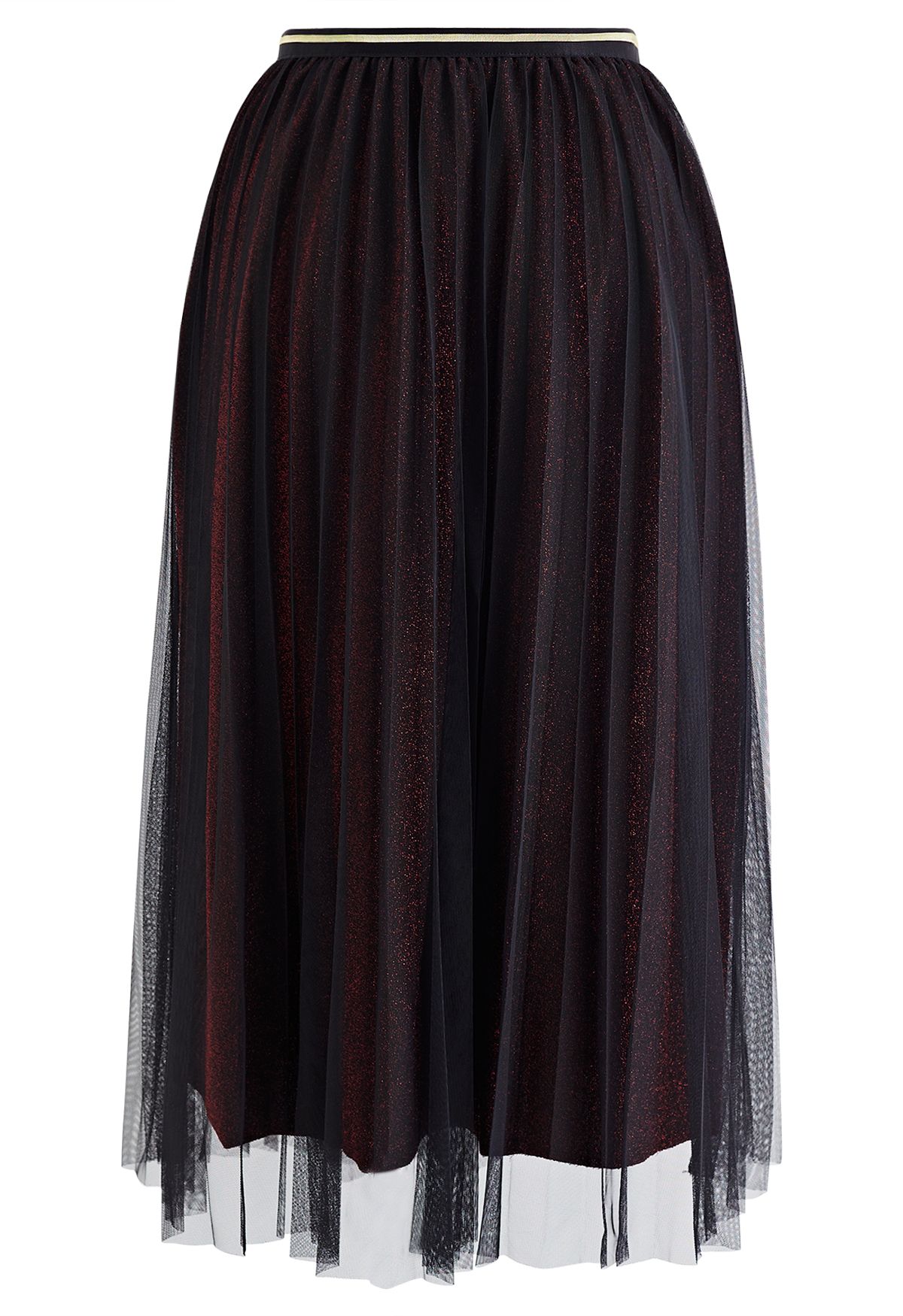 Glimmering Pleated Mesh Midi Skirt in Red
