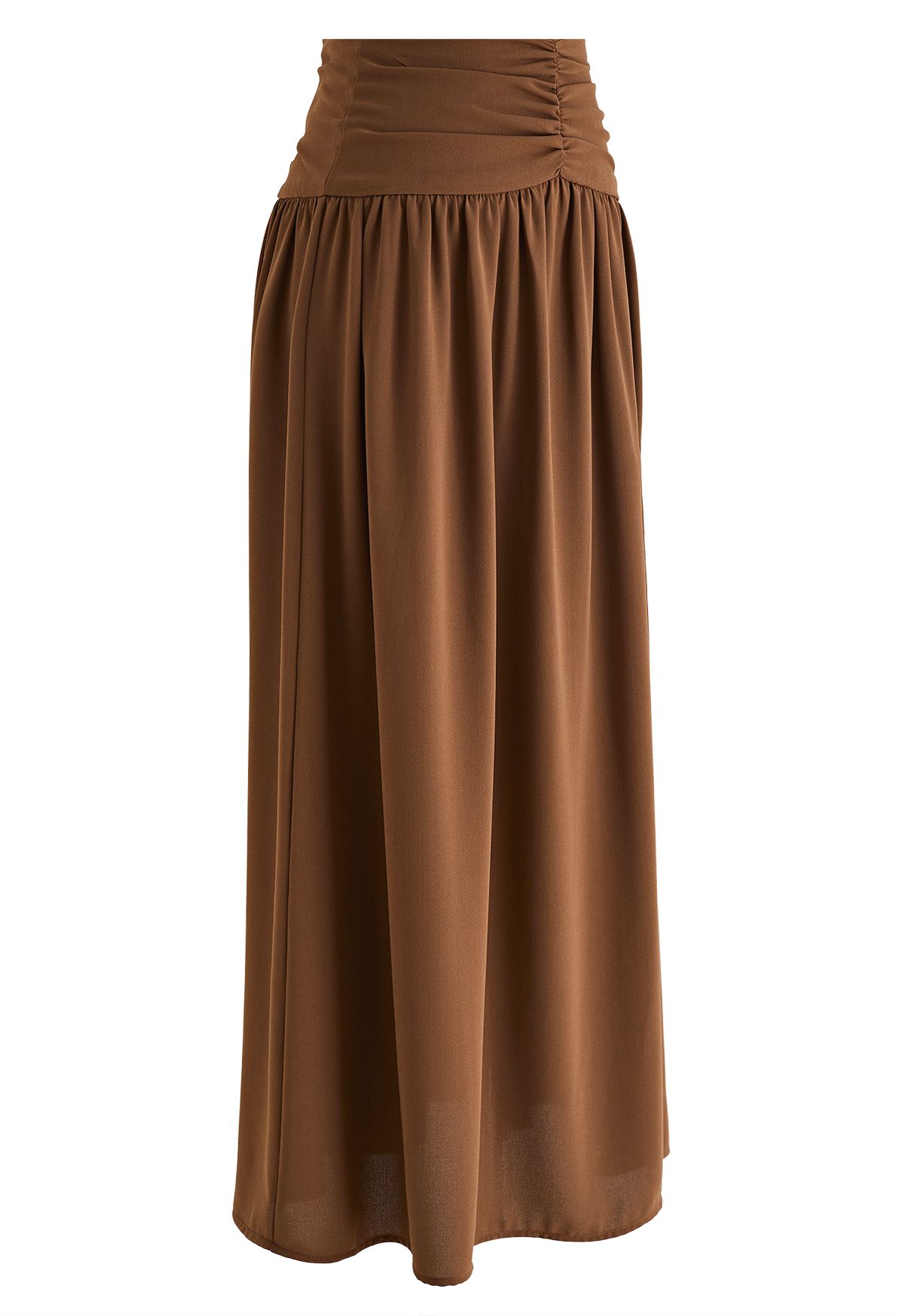 Ruched Waist Slit Maxi Skirt in Brown