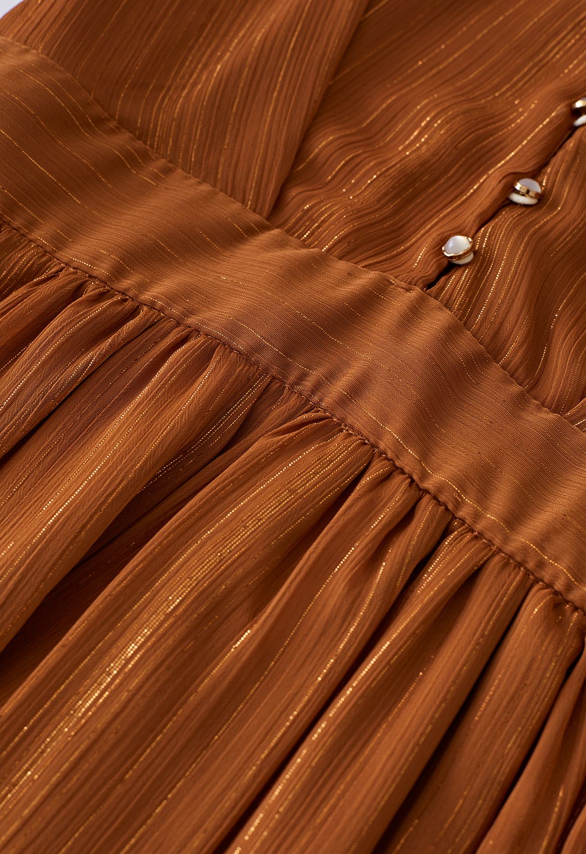 Metallic Shimmer Chiffon Ruffle Sleeve Maxi Dress in Rust