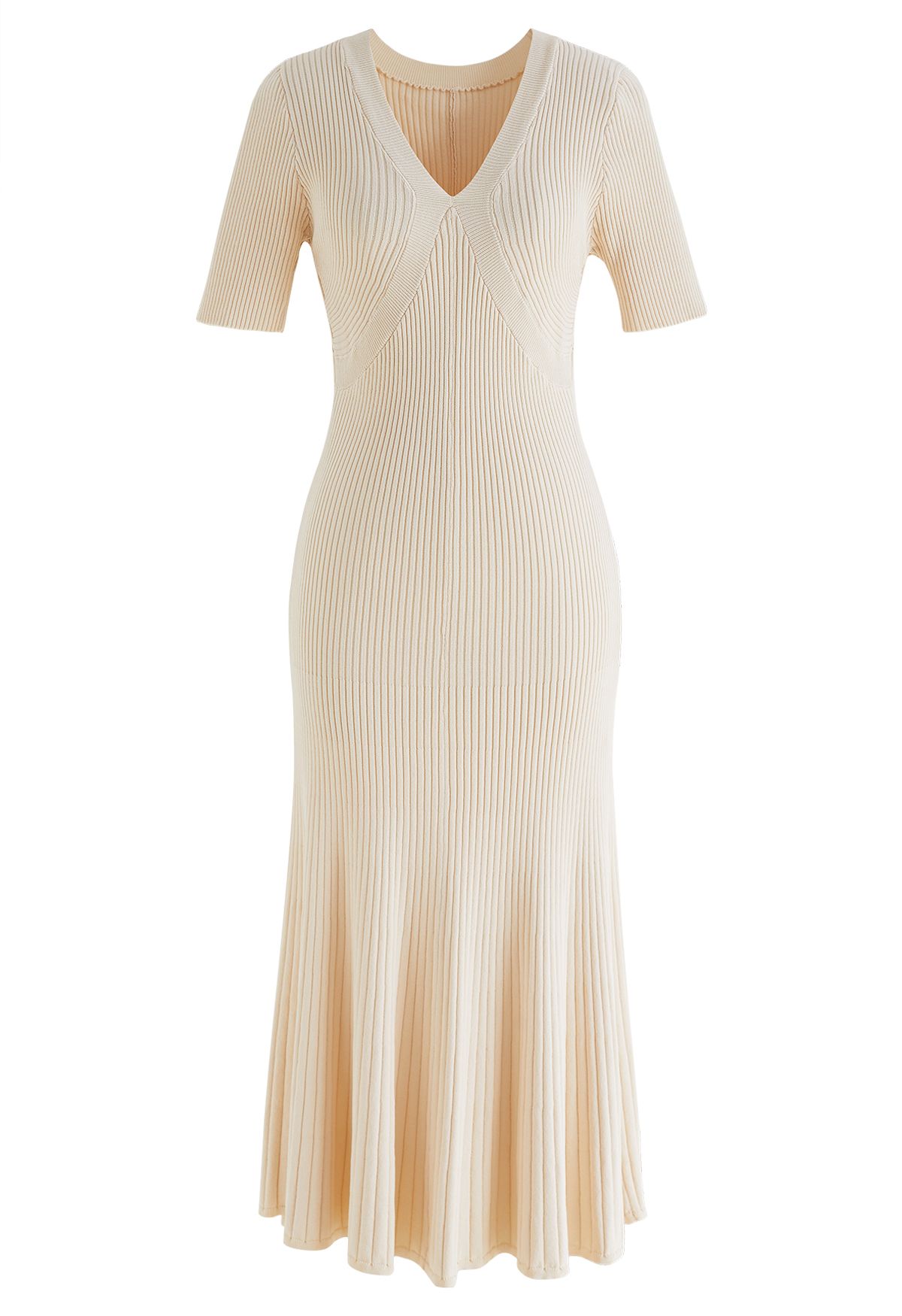 V-Neck Short Sleeve Ribbed Knit Dress in Cream