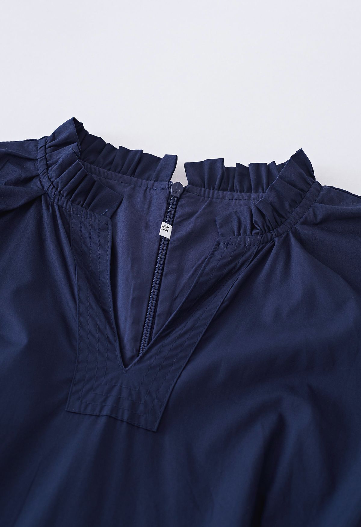 V-Neck Flutter Sleeve Ruffle Cotton Dress in Navy