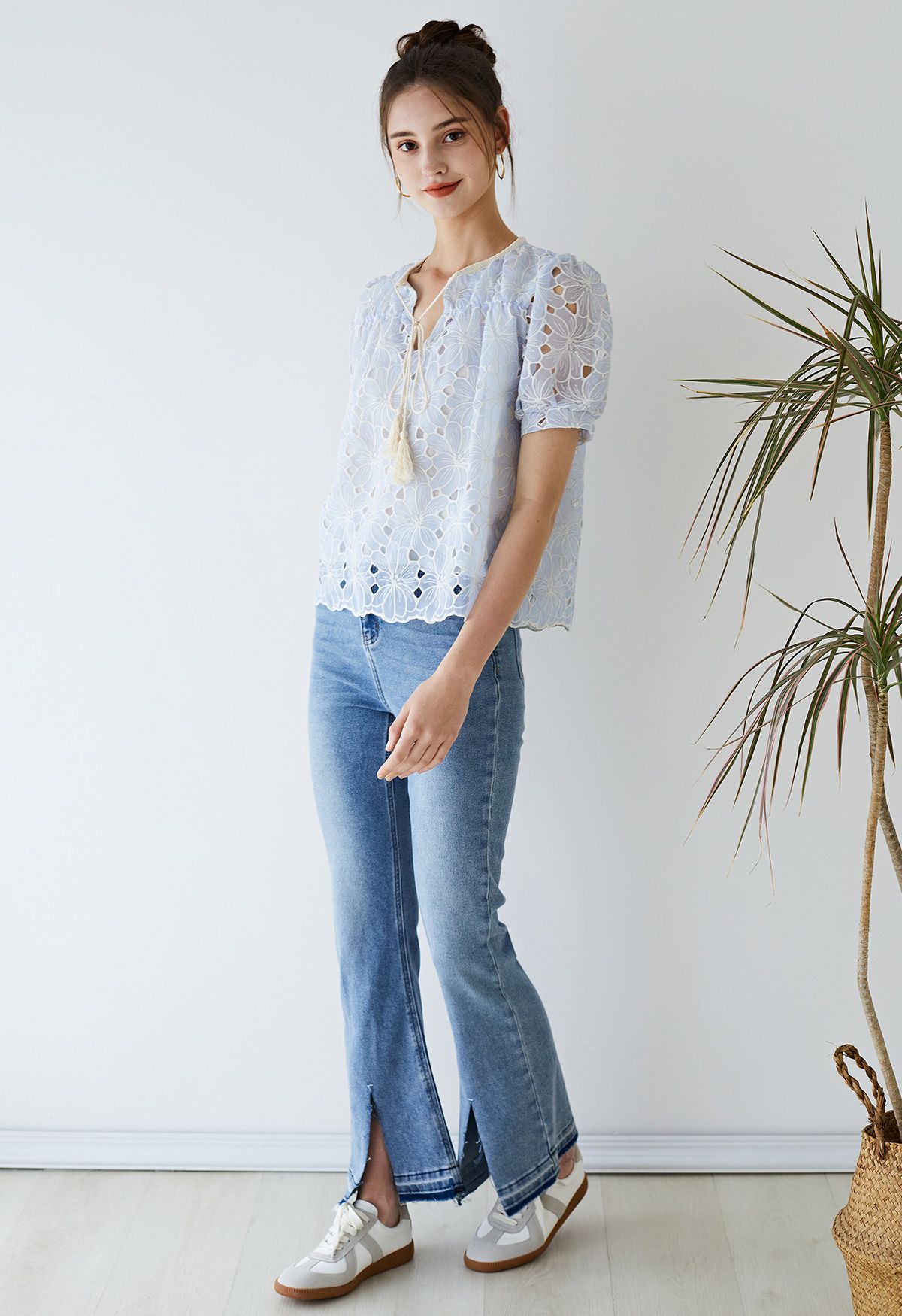 Daisy Embroidery Tassel Dolly Top in Baby Blue