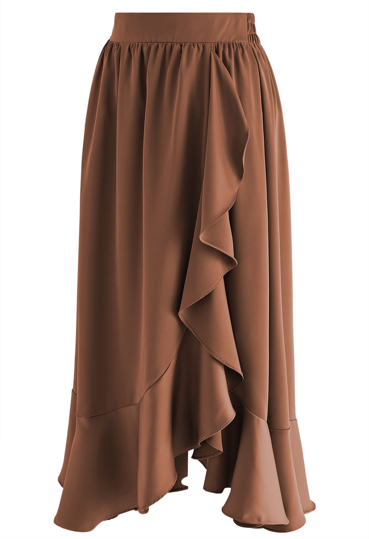 Ruffle Asymmetric Satin Midi Skirt in Brown