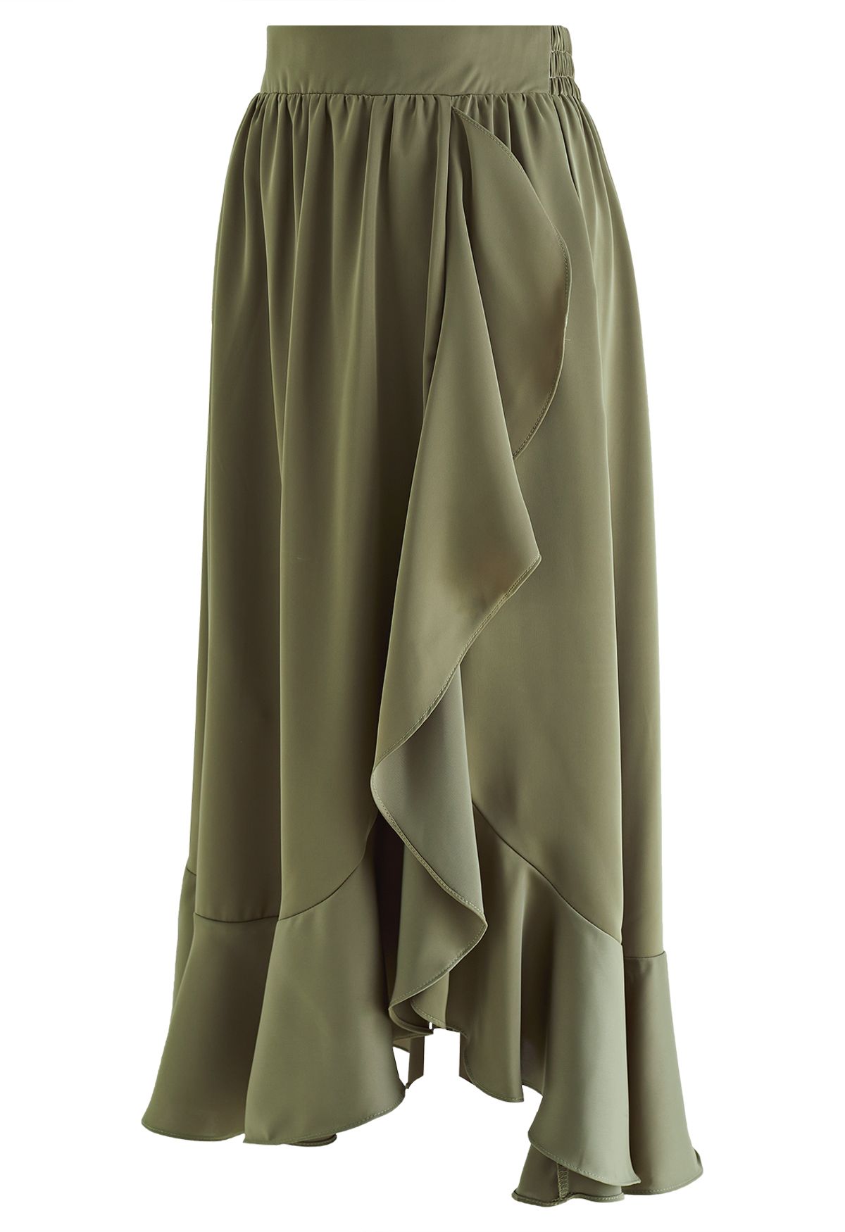 Ruffle Asymmetric Satin Midi Skirt in Olive