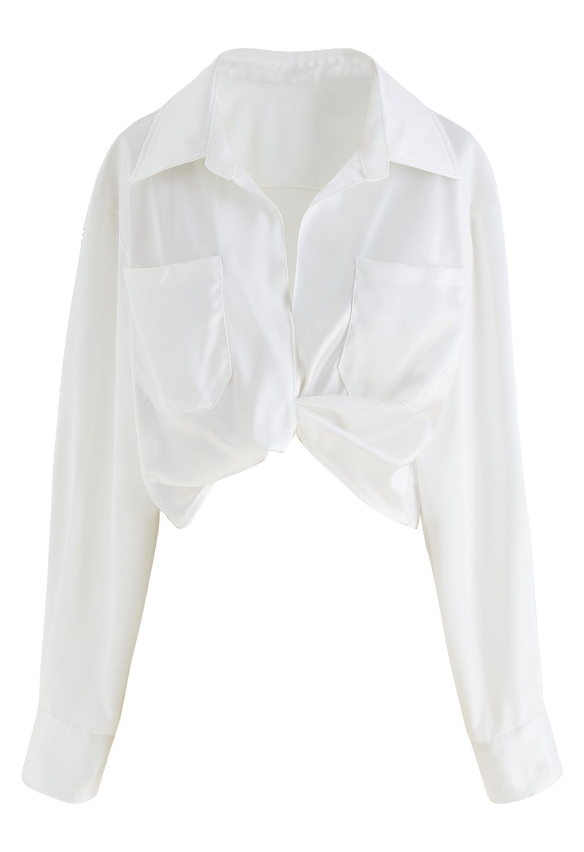 Pockets Twist Satin Crop Shirt in White