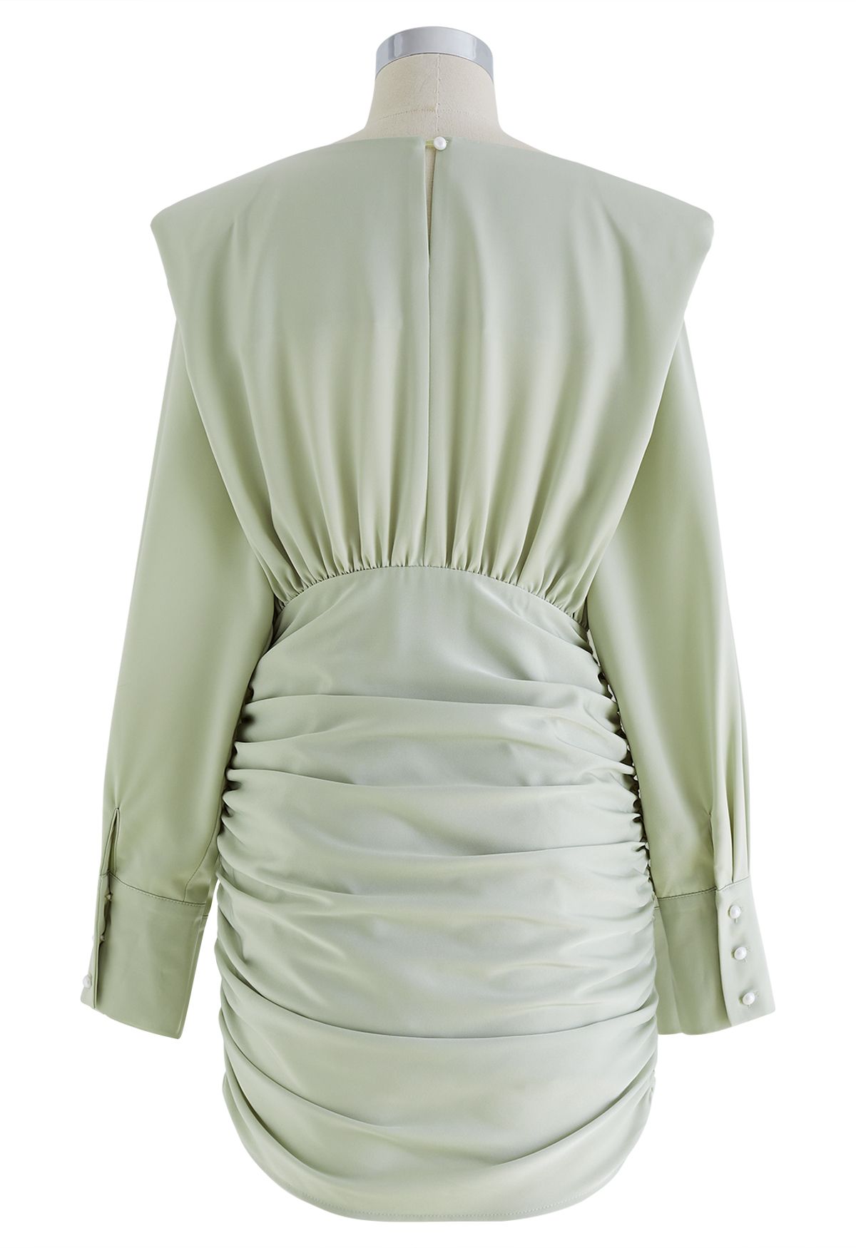 Padded Shoulder Cowl Neck Ruched Satin Dress in Mint