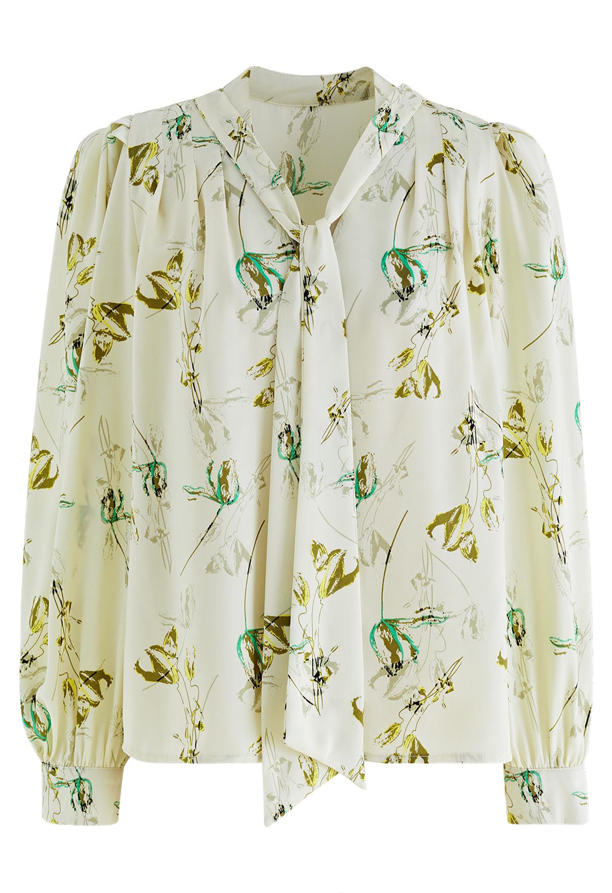 Tulip Print V-Neck Satin Shirt in Pistachio