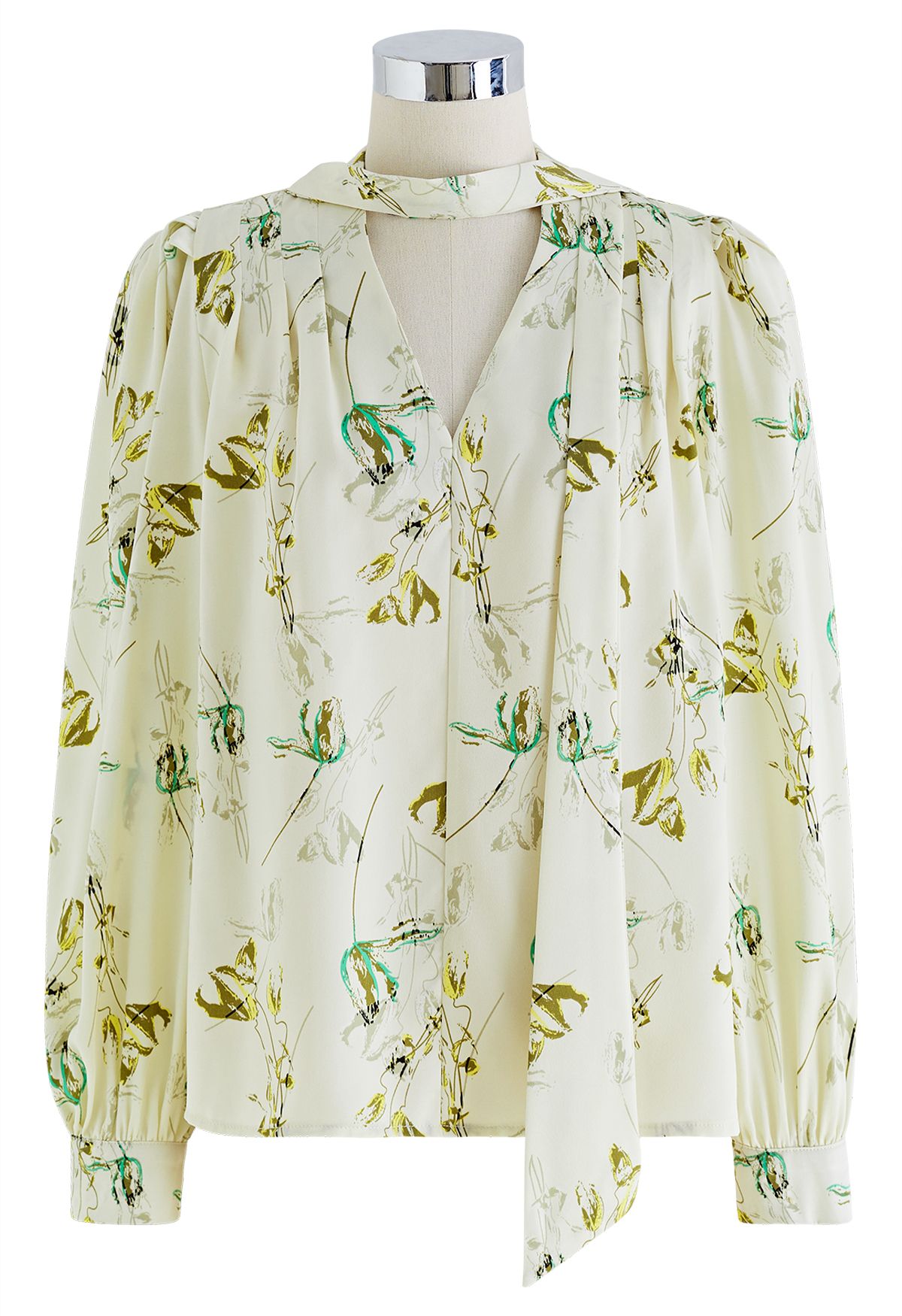 Tulip Print V-Neck Satin Shirt in Pistachio