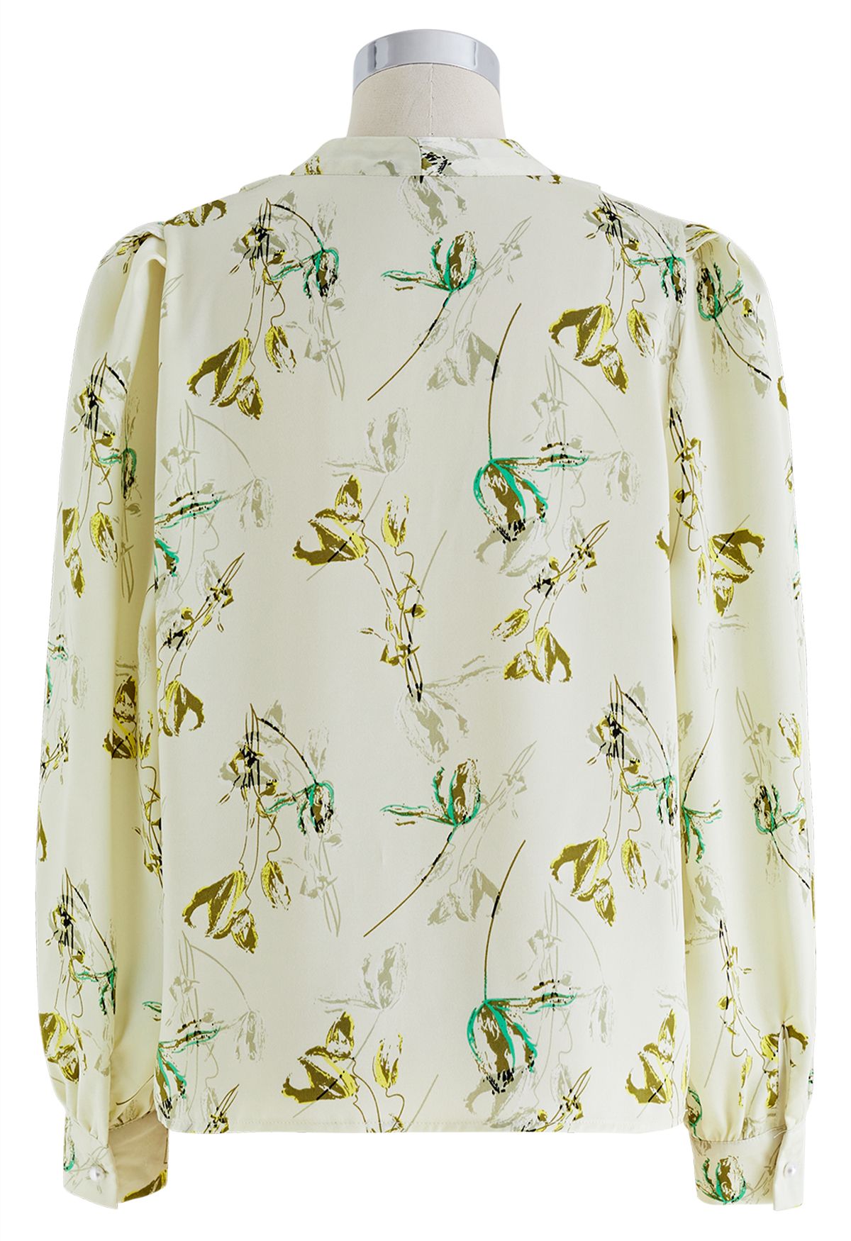 Tulip Print V-Neck Satin Shirt in Pistachio