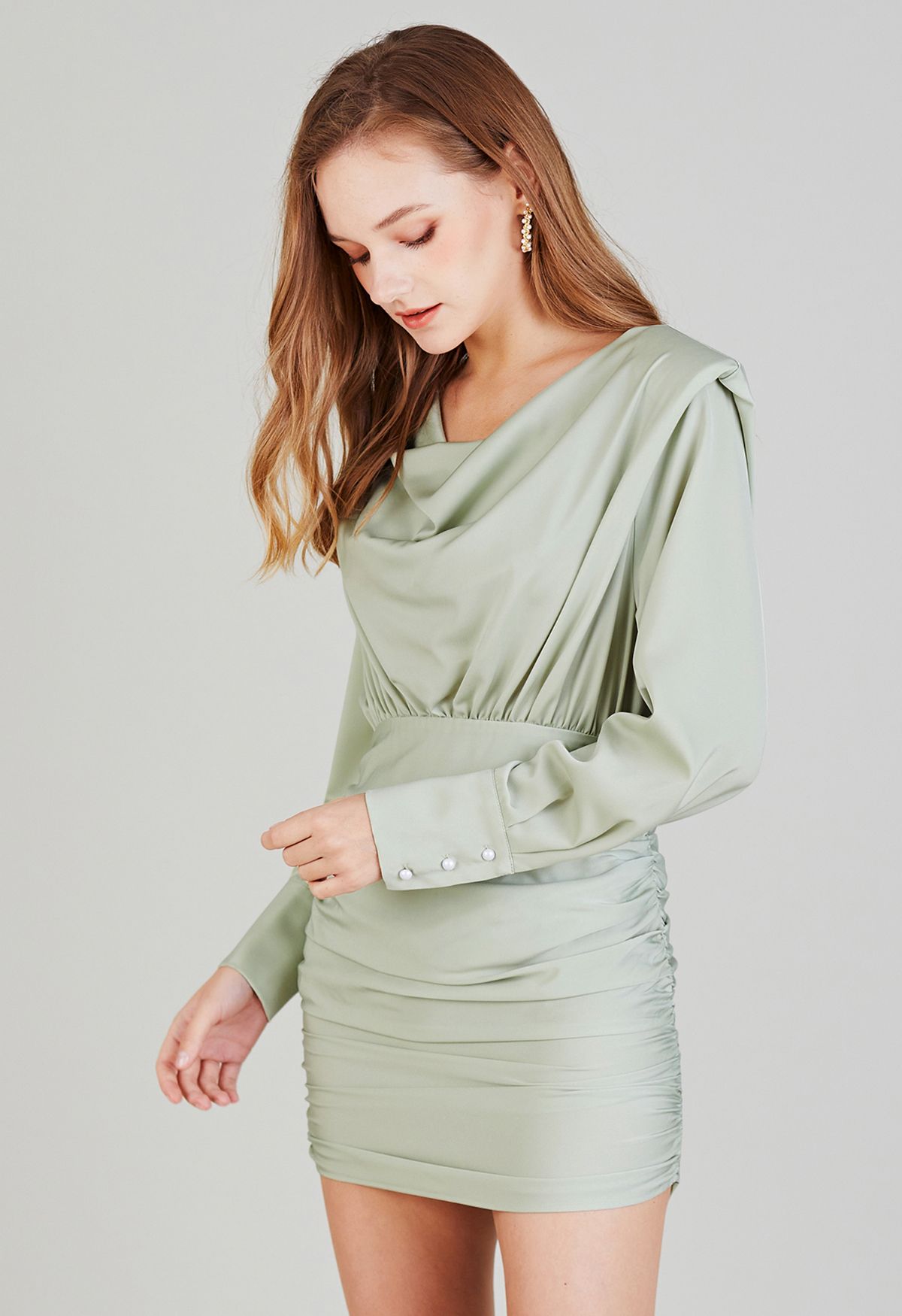 Padded Shoulder Cowl Neck Ruched Satin Dress in Mint