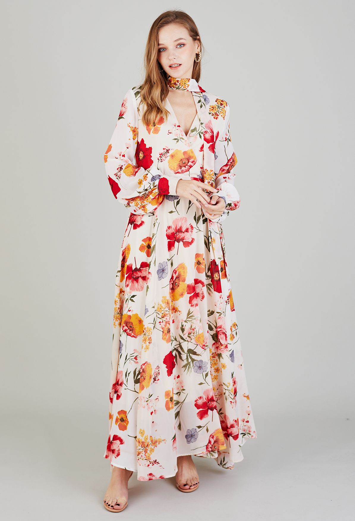 Scarf Plunging Vernal Blossom Chiffon Maxi Dress in Cream