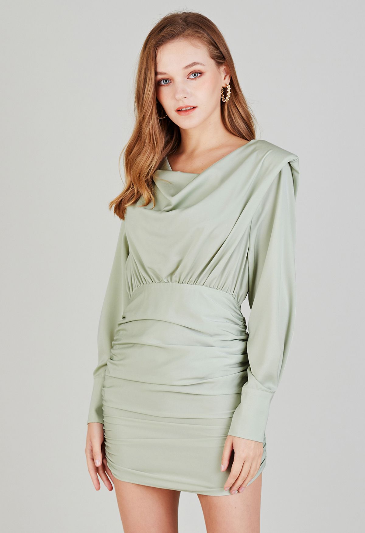 Padded Shoulder Cowl Neck Ruched Satin Dress in Mint