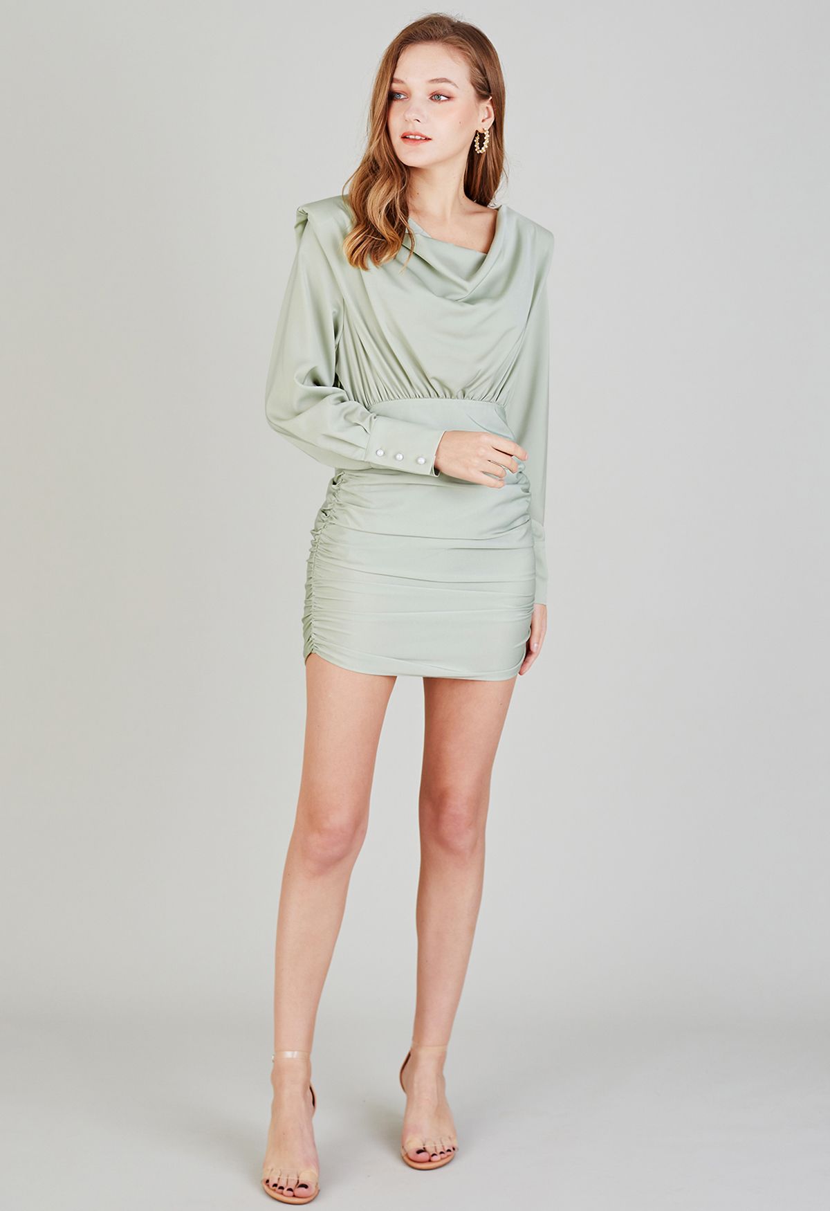 Padded Shoulder Cowl Neck Ruched Satin Dress in Mint