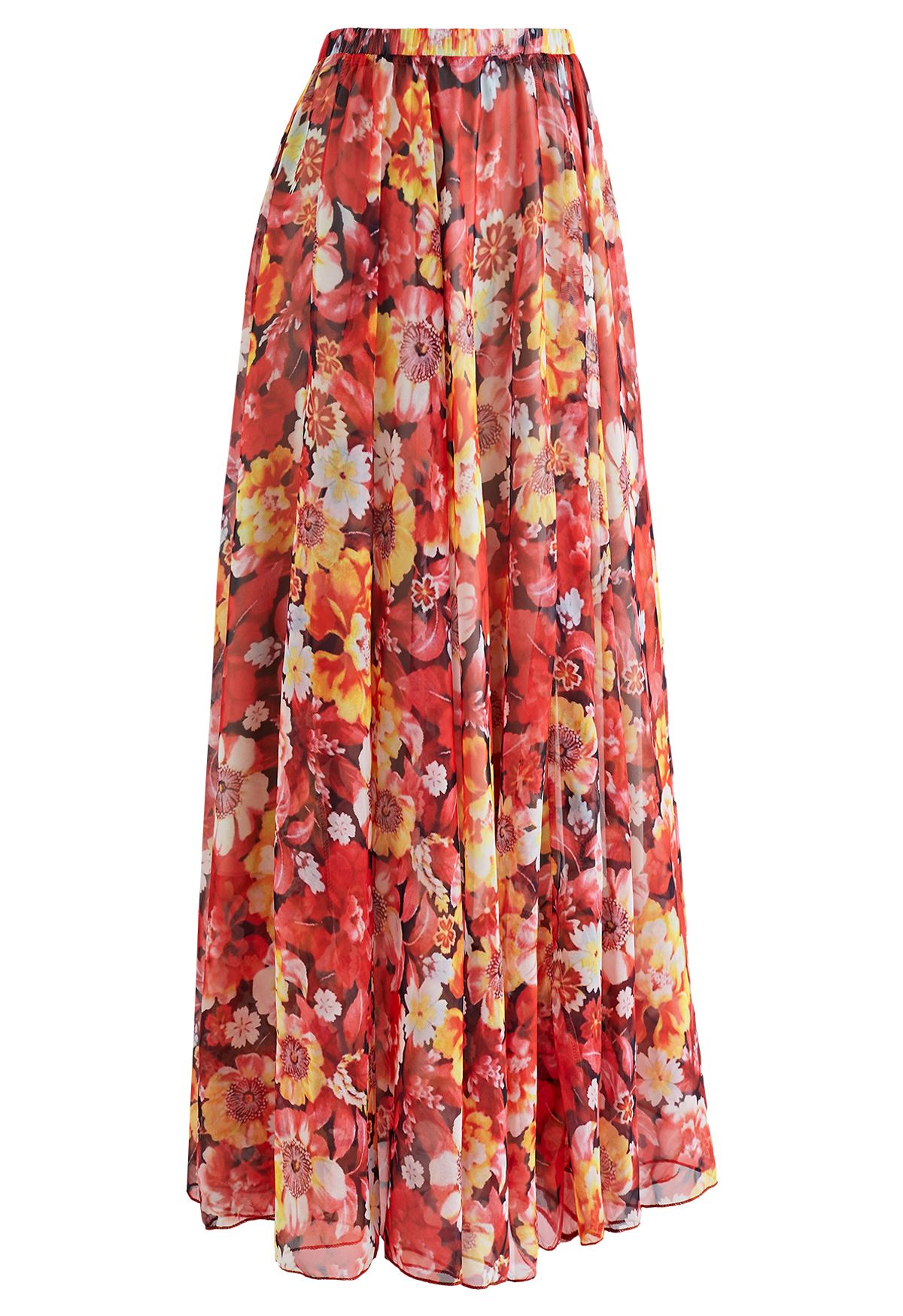 Reddish Flower Printed Chiffon Maxi Skirt