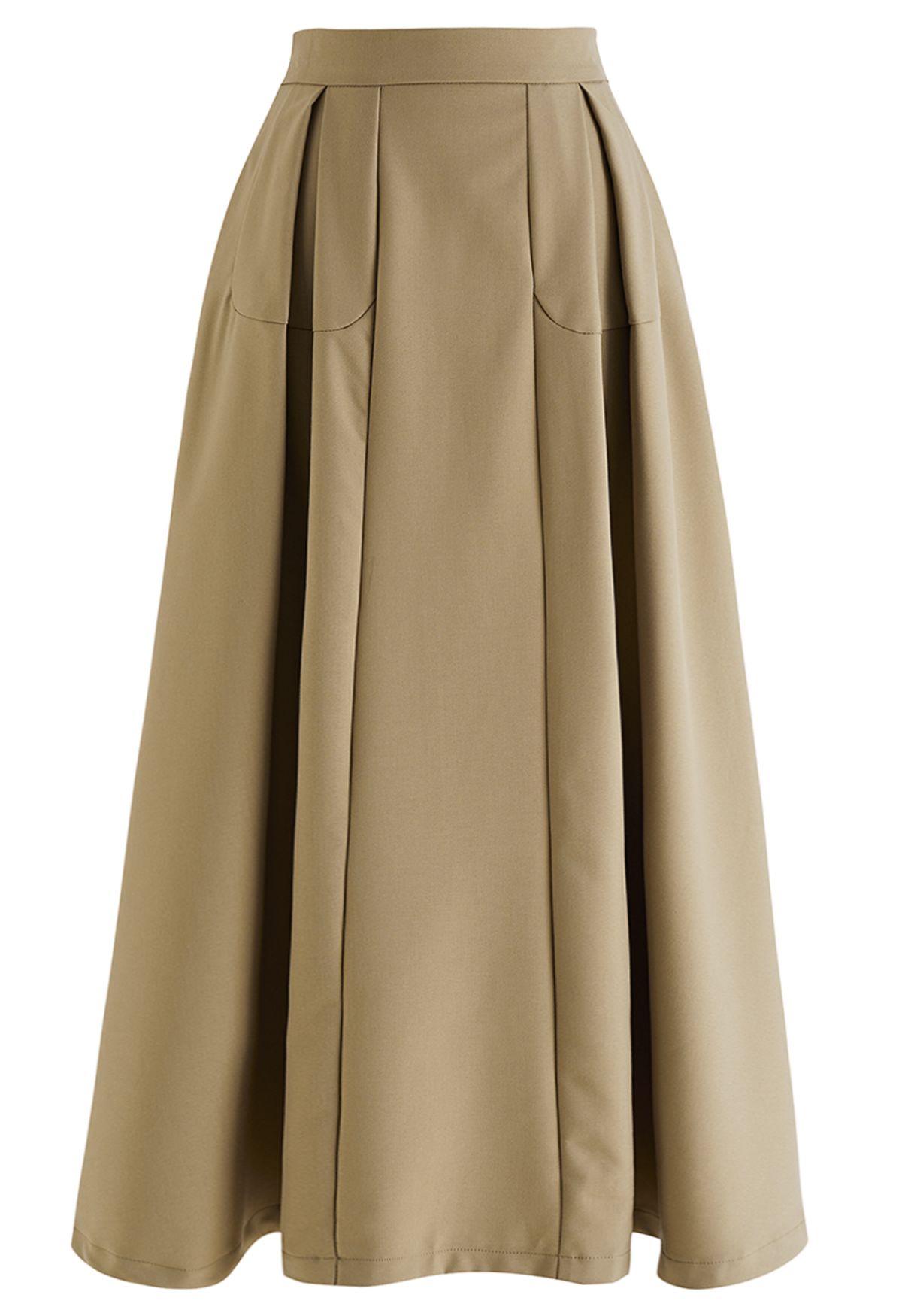 Seam Detailing Pleated A-Line Skirt in Khaki