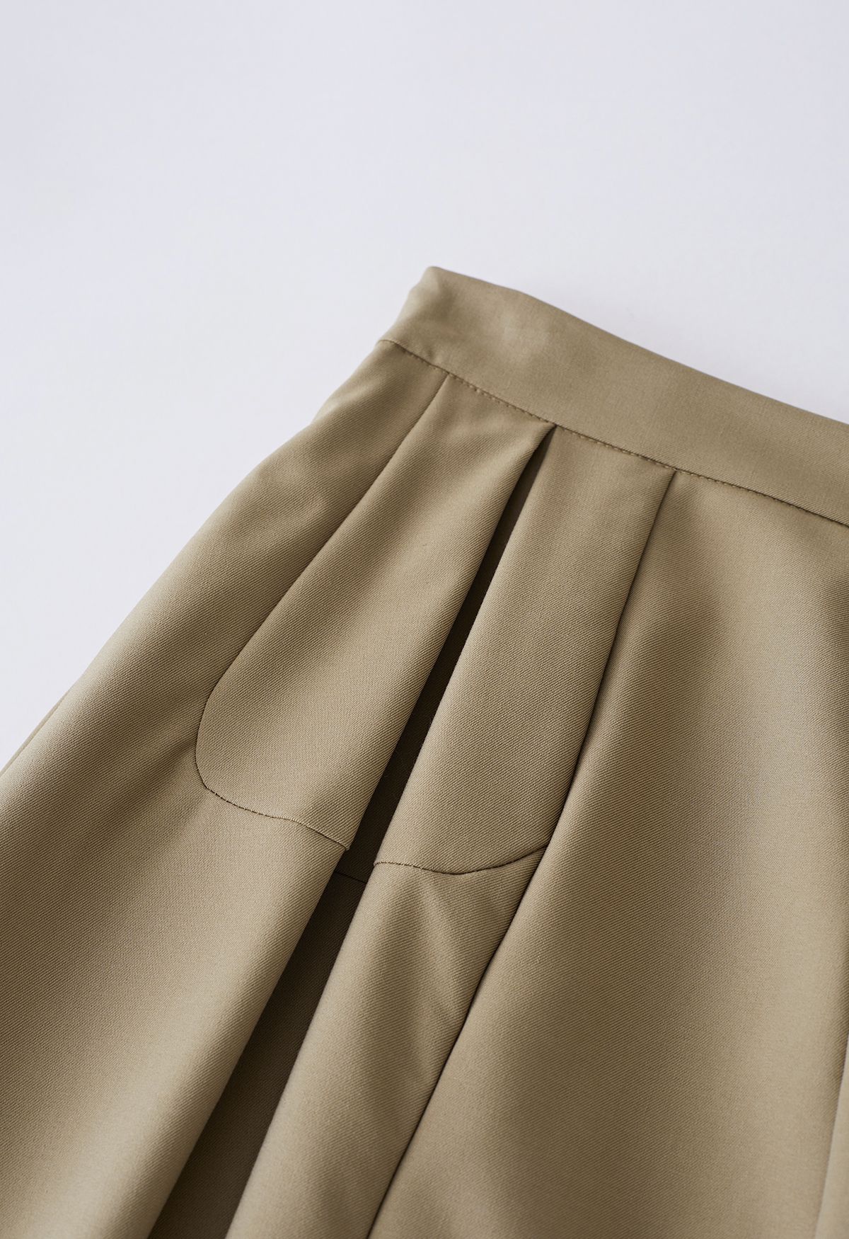 Seam Detailing Pleated A-Line Skirt in Khaki