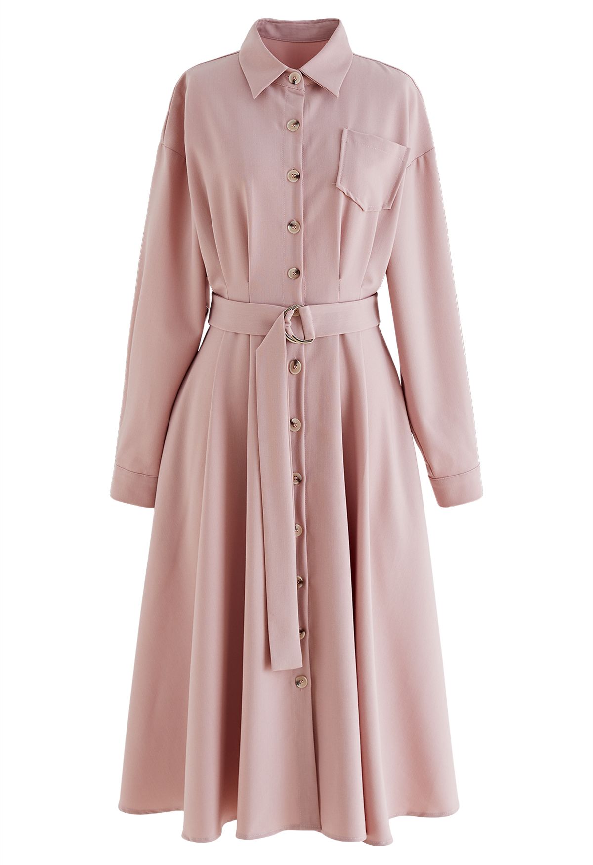Belted Button Down Shirt Dress in Pink