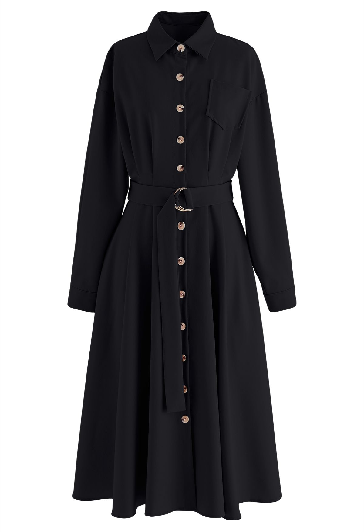 Belted Button Down Shirt Dress in Black