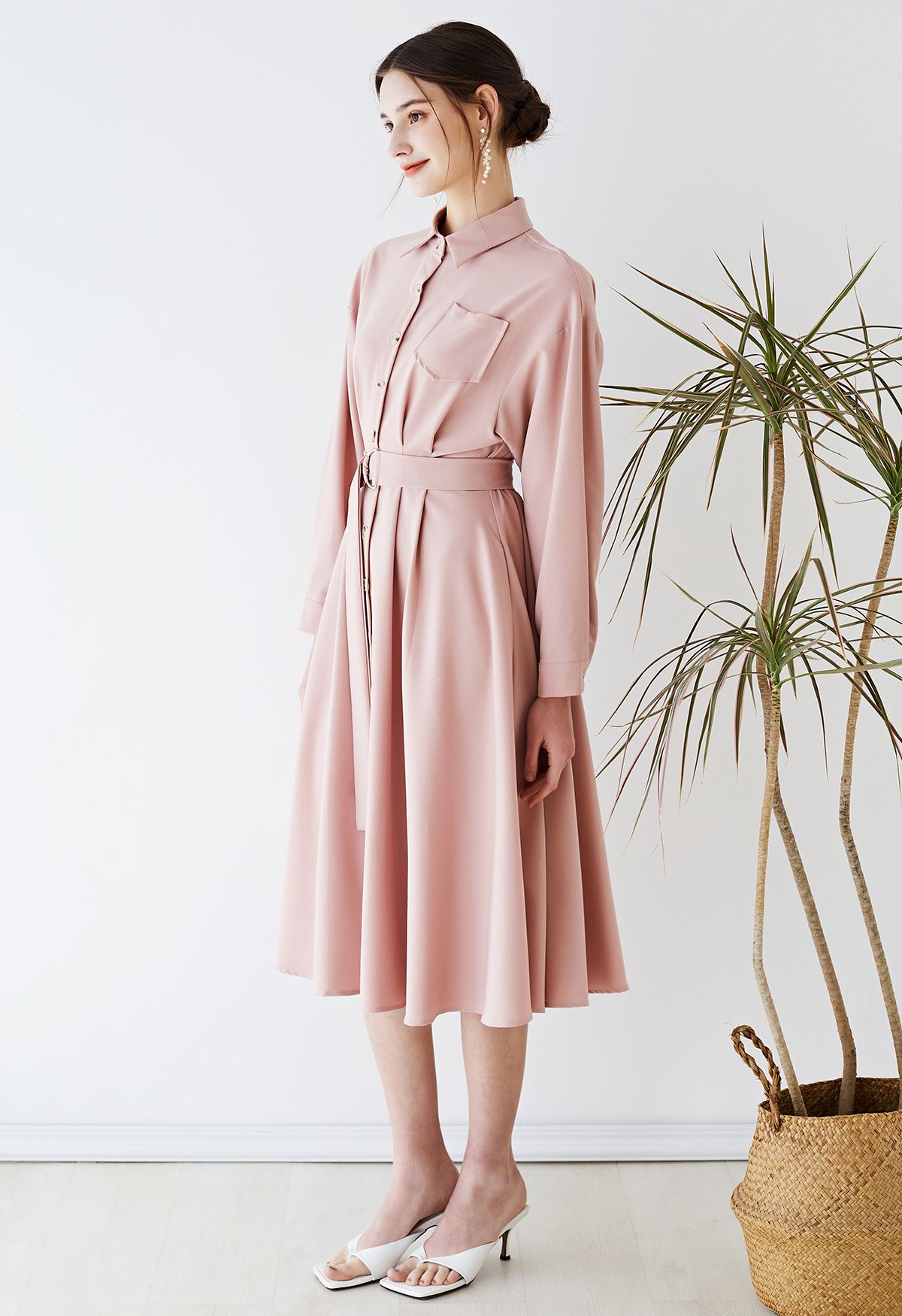 Belted Button Down Shirt Dress in Pink
