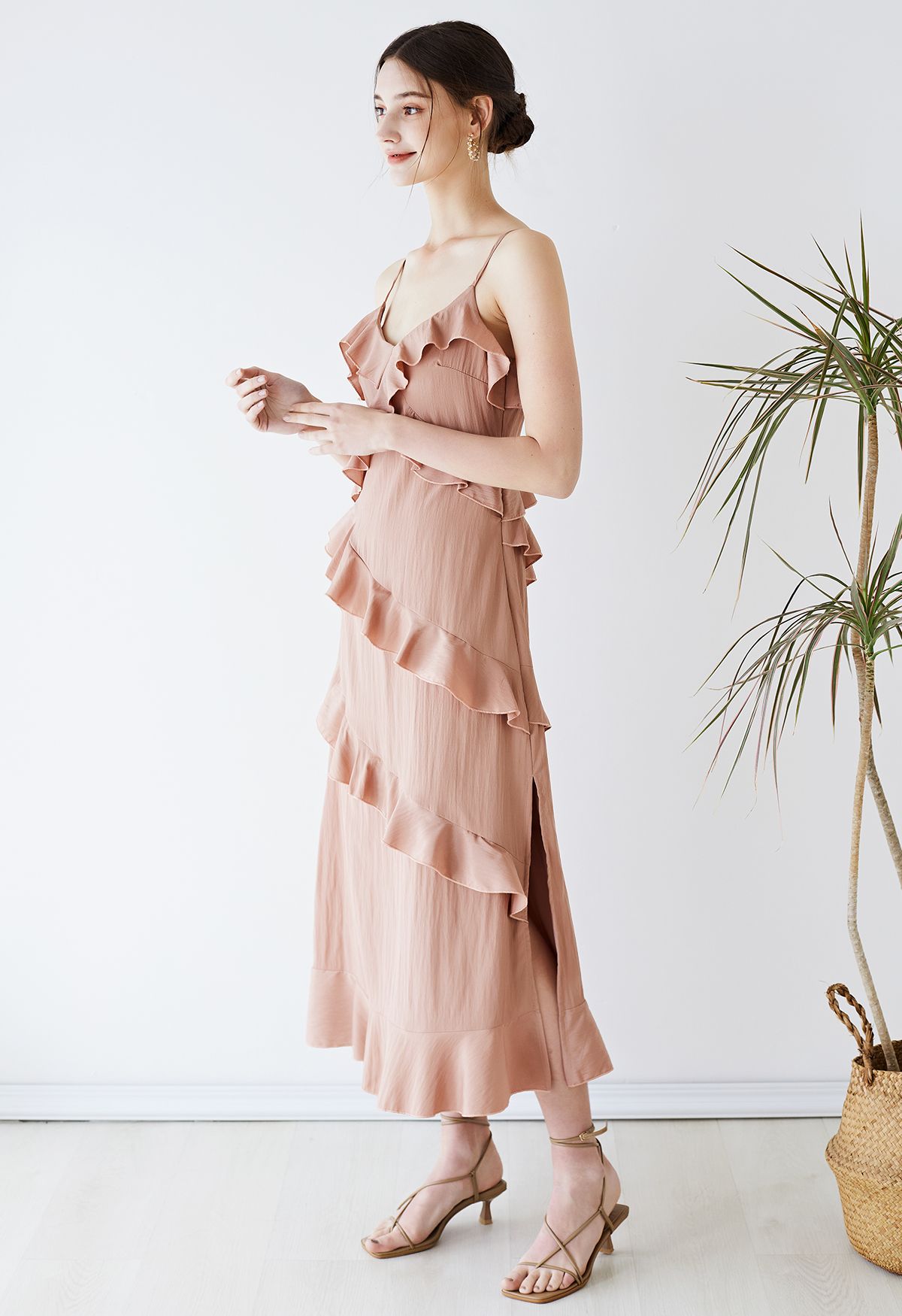 Side Slit Tiered Ruffle Cami Dress in Pink