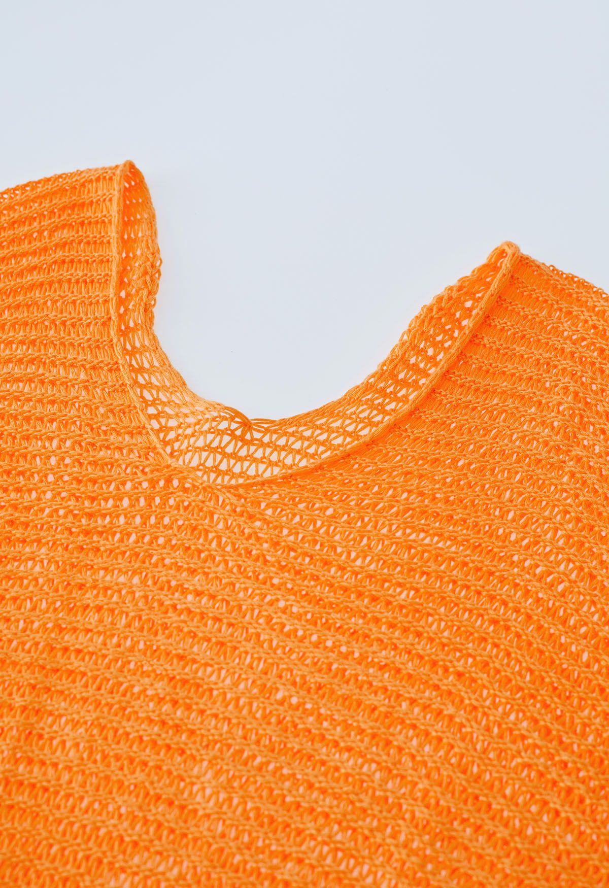 Fringed Hem Pointelle Knit Cover Up in Orange