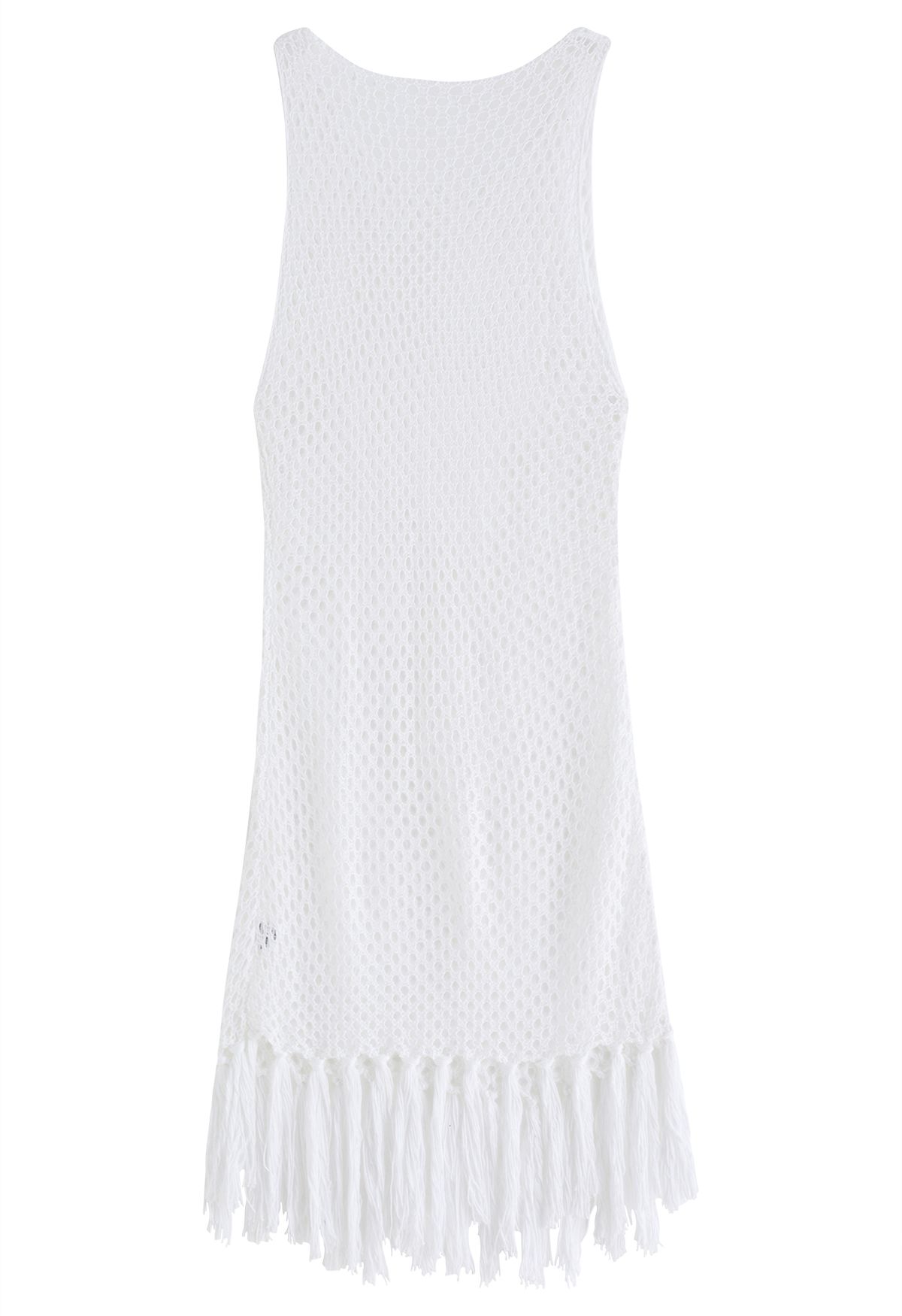 Tassel Hem Hollow Out Sleeveless Knit Cover Up in White
