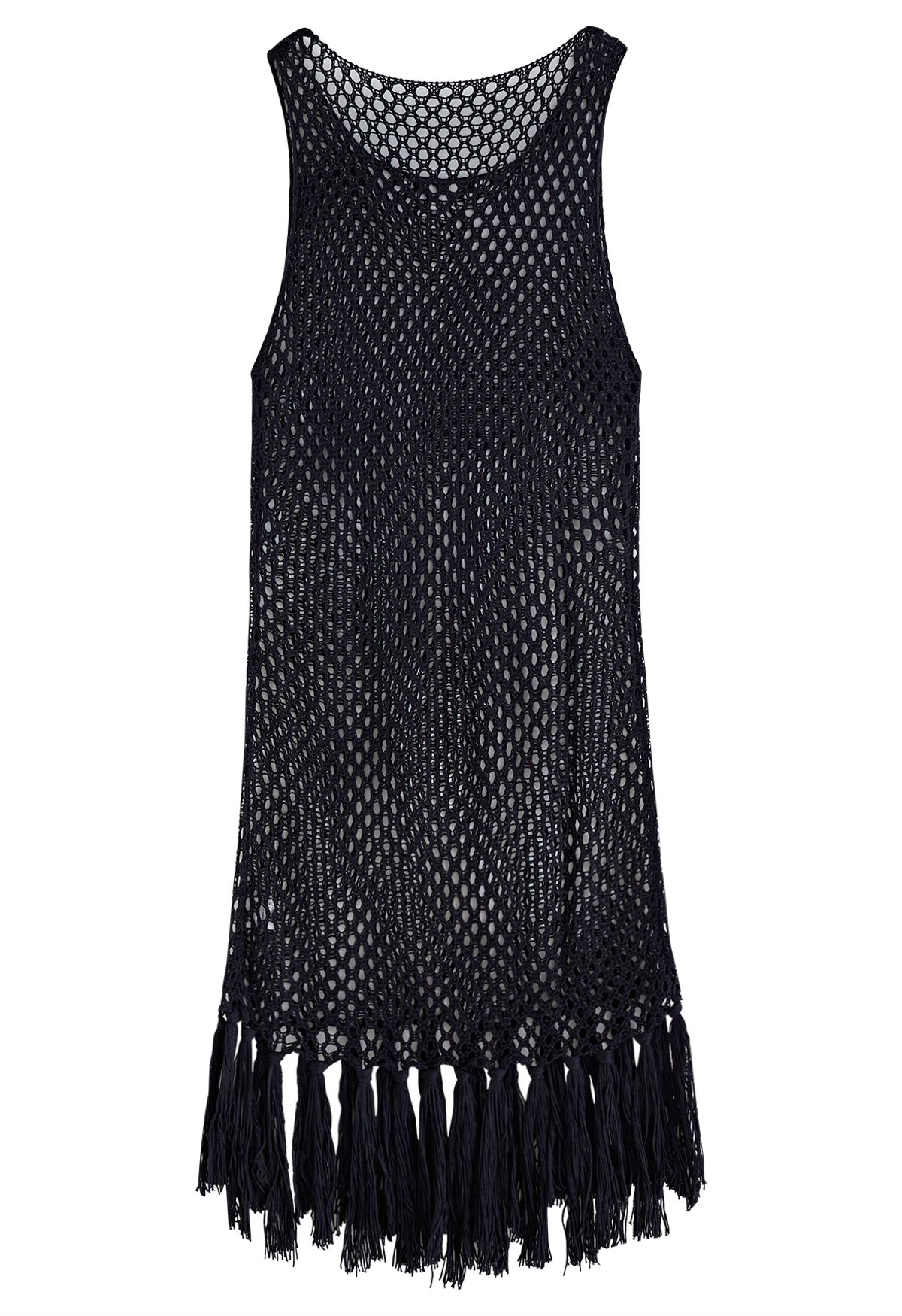 Tassel Hem Hollow Out Sleeveless Knit Cover Up in Black
