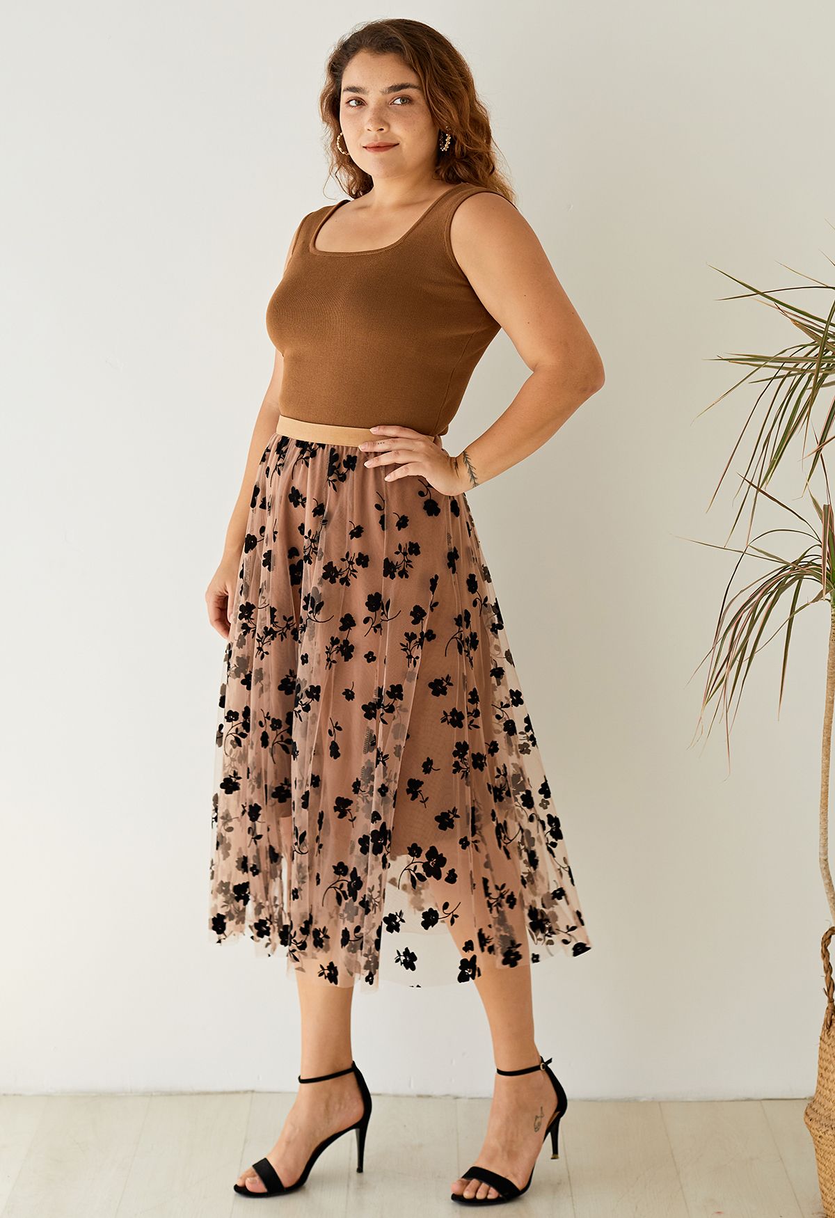 3D Posy Double-Layered Mesh Midi Skirt in Caramel
