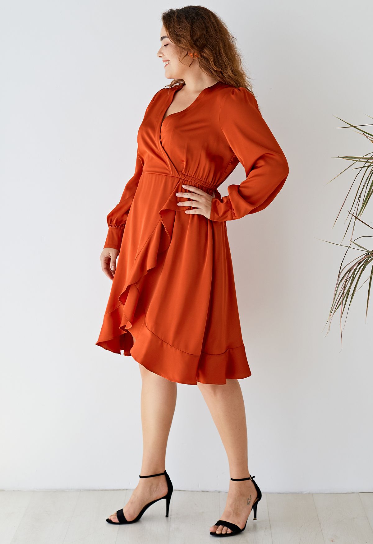 Asymmetric Ruffle Hem Wrap Satin Dress in Orange