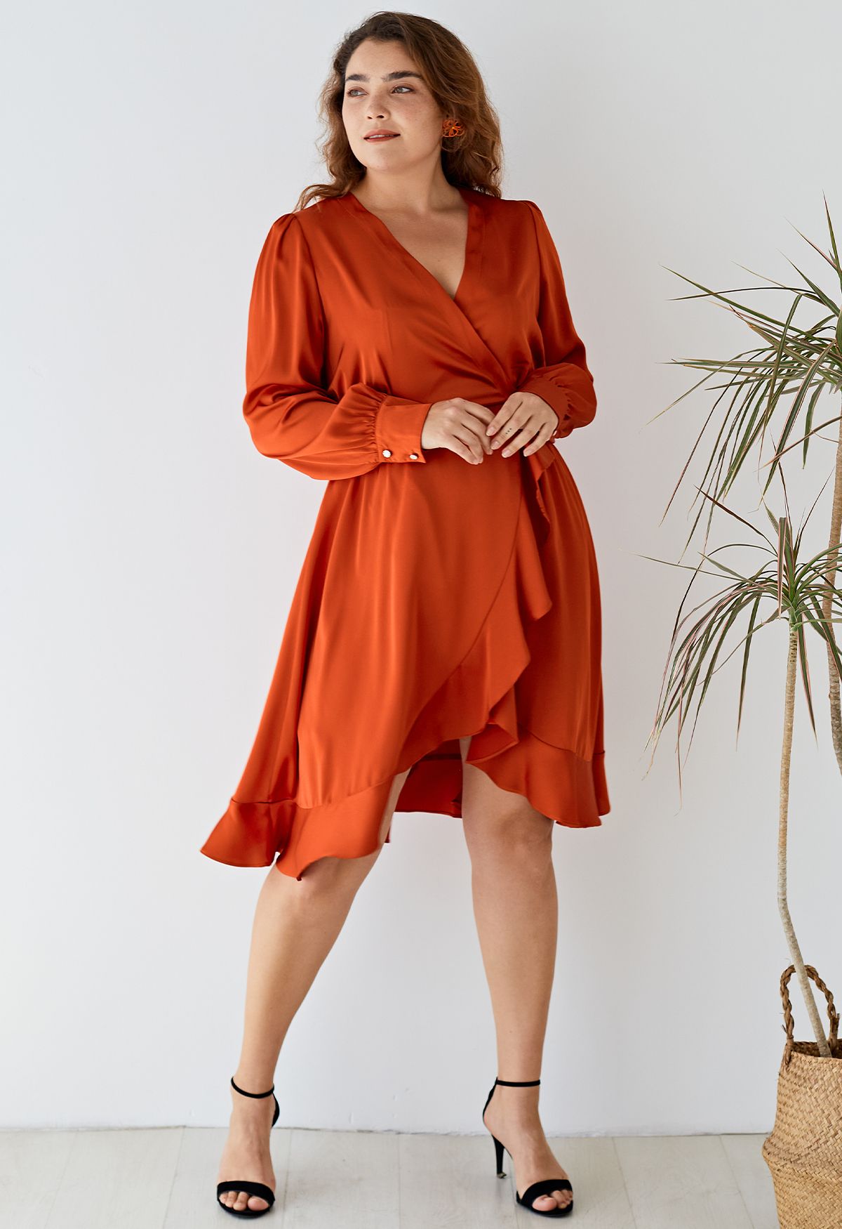 Asymmetric Ruffle Hem Wrap Satin Dress in Orange