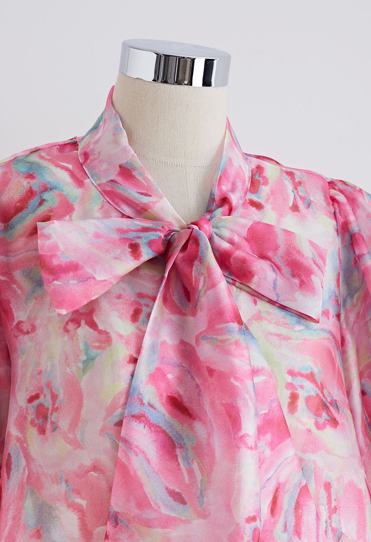 Bowknot Short Bubble Sleeve Floral Top in Pink