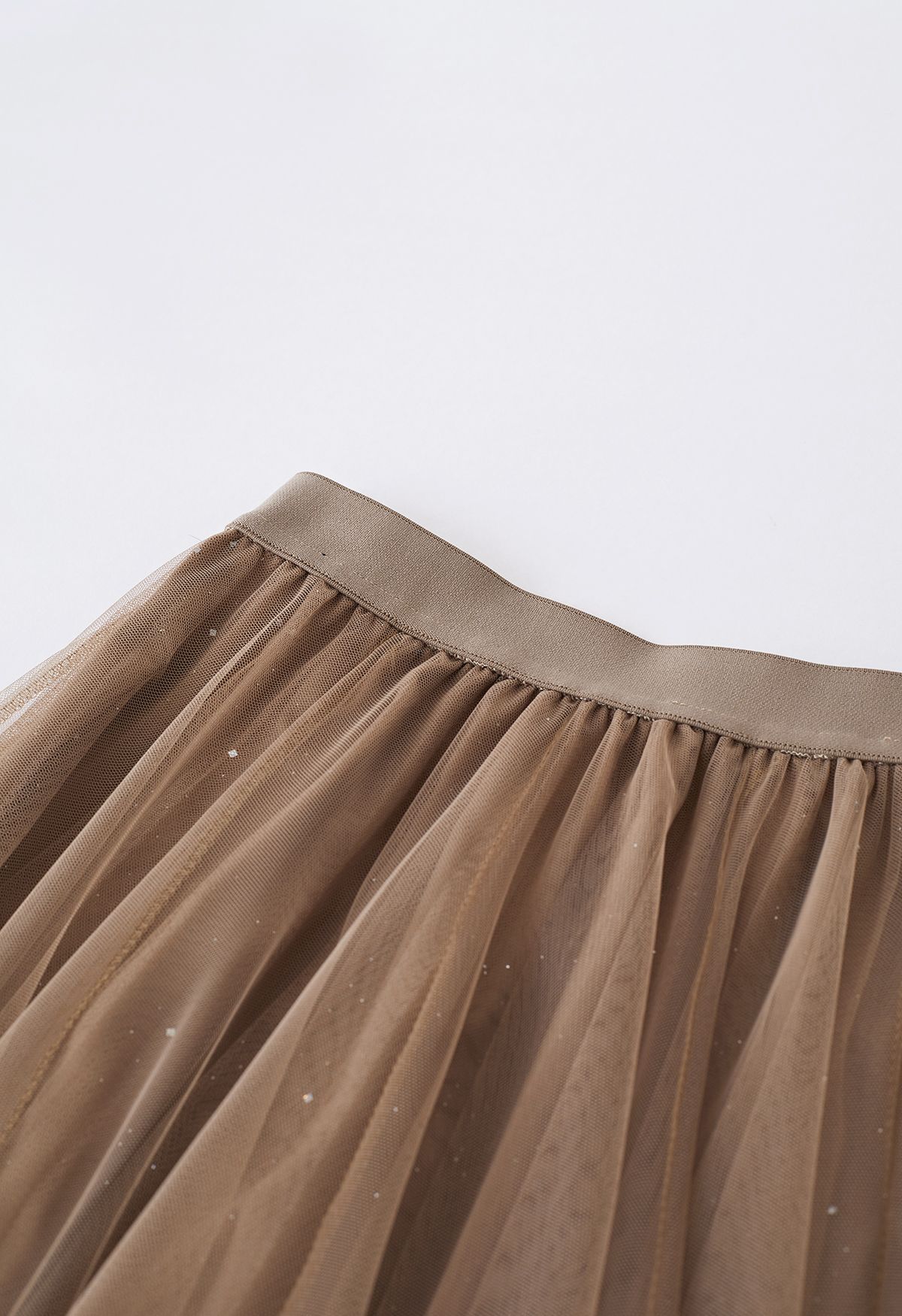 Venus Glitter Mesh Tulle Midi Skirt in Caramel